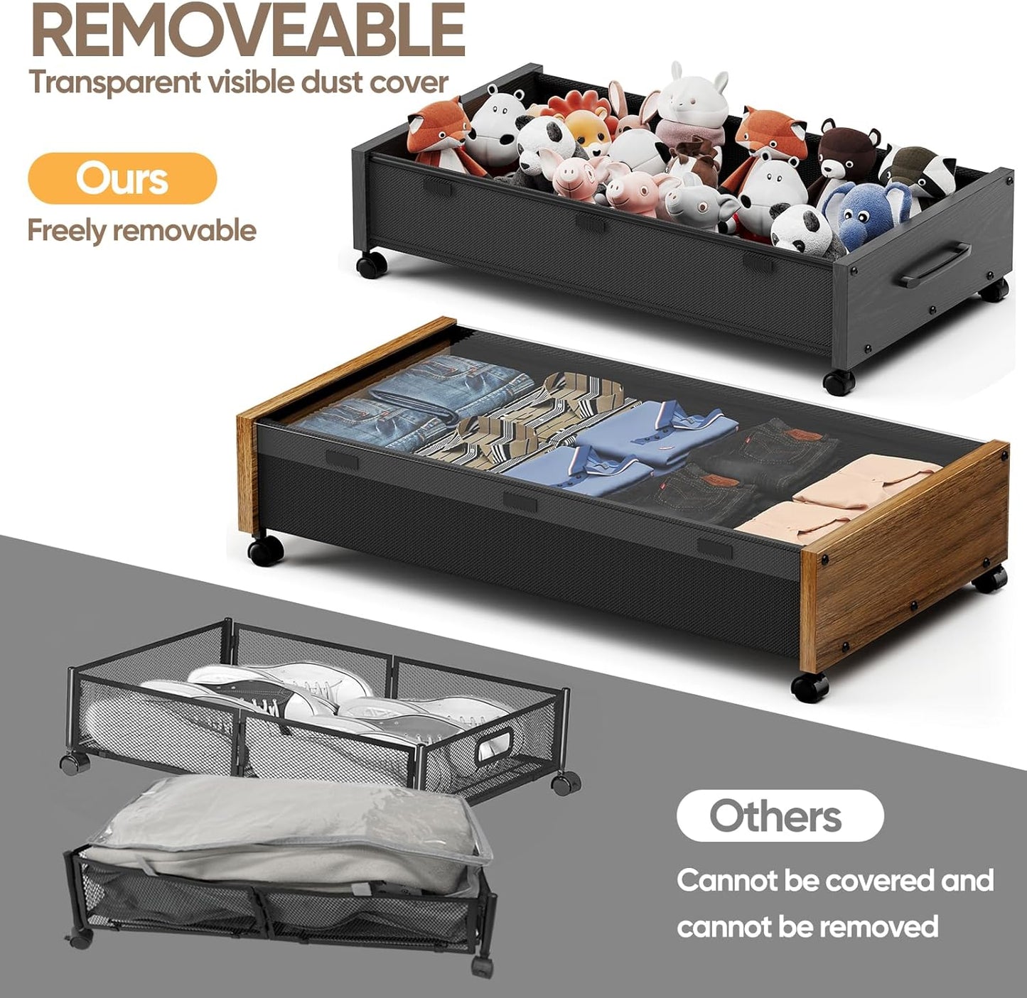 KITHELP Wooden Under Bed Storage with Wheels, Rolling Under the Bed Storage Bins with Removable Lid, Metal Under Bed Drawers for Clothes and Shoes in Bedroom or Living Room(Vintage Brown-2pack)