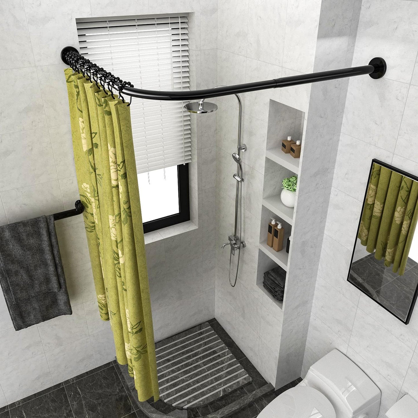Corner Shower Curtain Rod Adjustable Stainless Steel L Shaped Rack Drill Free Install for Bathroom, Bathtub, Clothing Store (Black, 35.5"-51.2" x 35.5"-51.2")