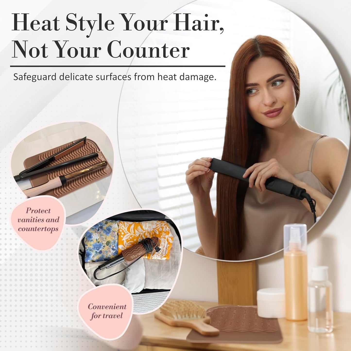Vanity Accessories Heat Resistant Mat – Silicone Flat Iron & Curling Iron Holder, Non-Slip Vanity Mat & Hot Tool Mat for Home, Salon, or Travel Use