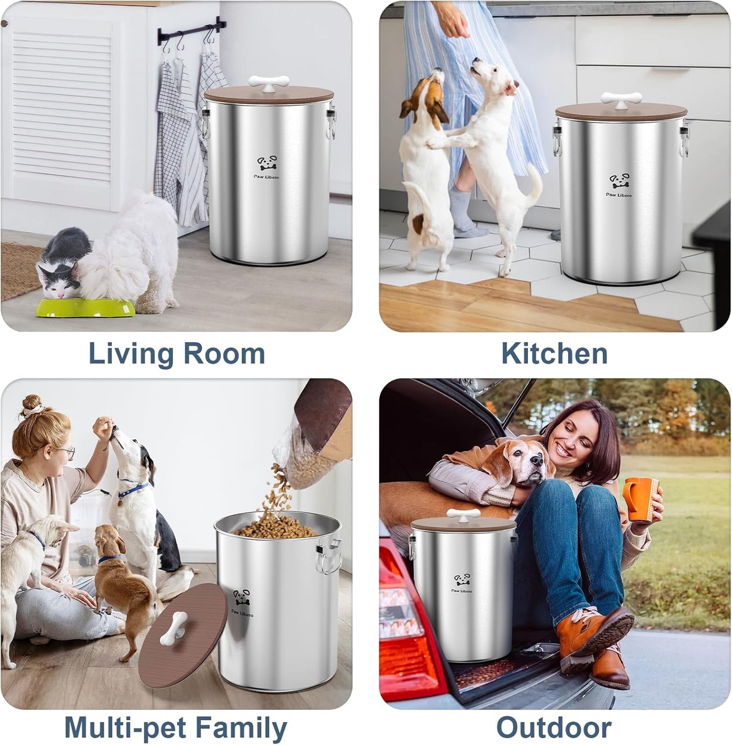 25 Lbs Stainless Steel Dog Food Storage Container with Airtight Wooden Lid & Ceramic Bone Handle, Large Metal Dog Food Bin for Dogs & Cats, Keep Fresh, Easy to Clean