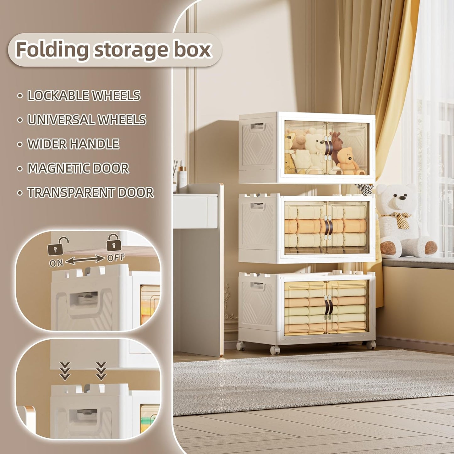 200 QT / 50 Gal Extra Wide Foldable Plastic Cabinet with Double Magnetic Doors & Leather Handles - Stackable, 4 Locking Wheels, Space Saving Storage for Small Spaces