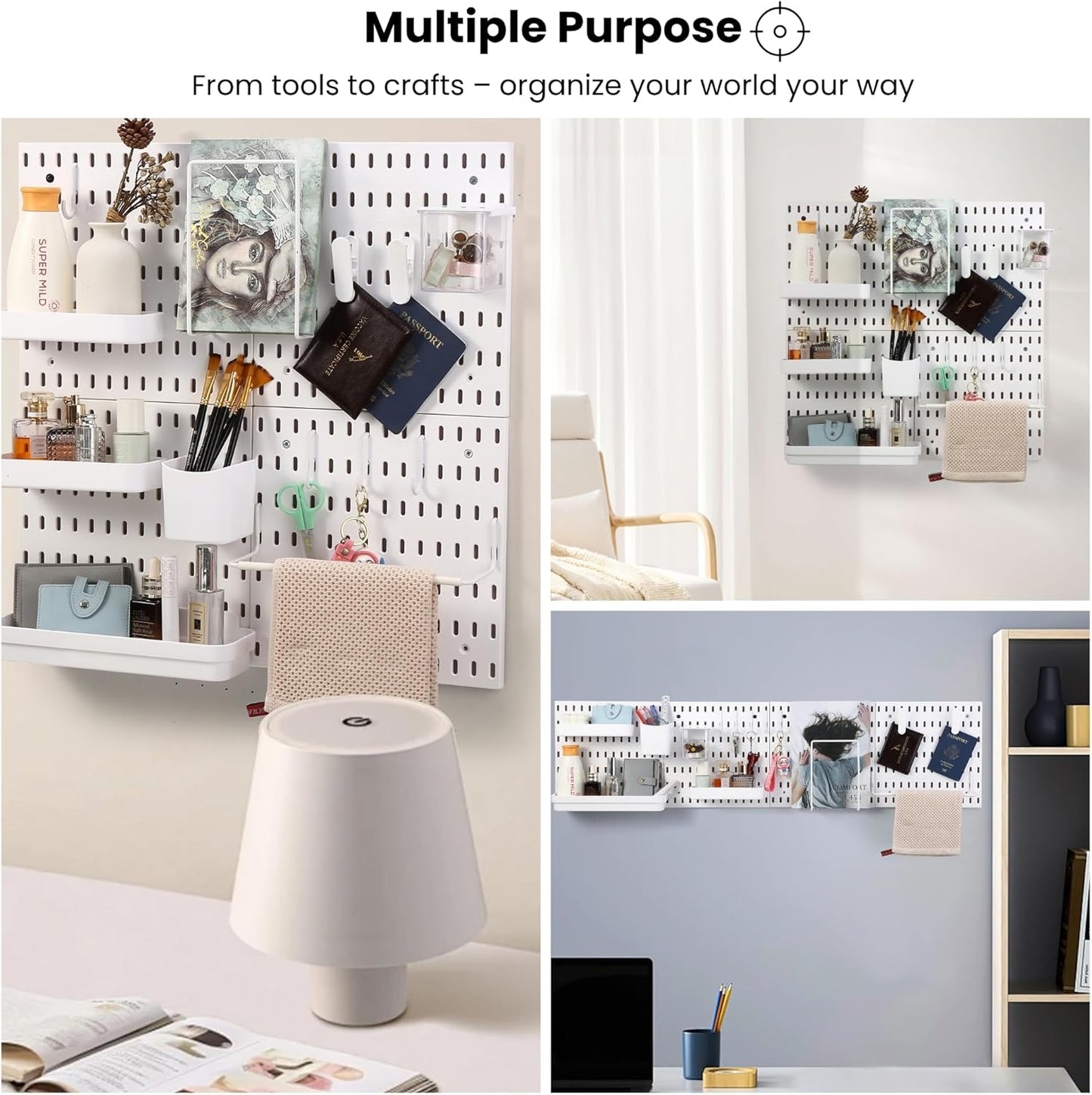 Peg board Set - 17 pcs Pegboard Kit, Includes 4 Pegboards with 13 Different Accessories, Pegboard Wall Organizer, Peg Boards for Wall Craft Room for Kitchen, Garage, Workshop, Tool Accessories | White