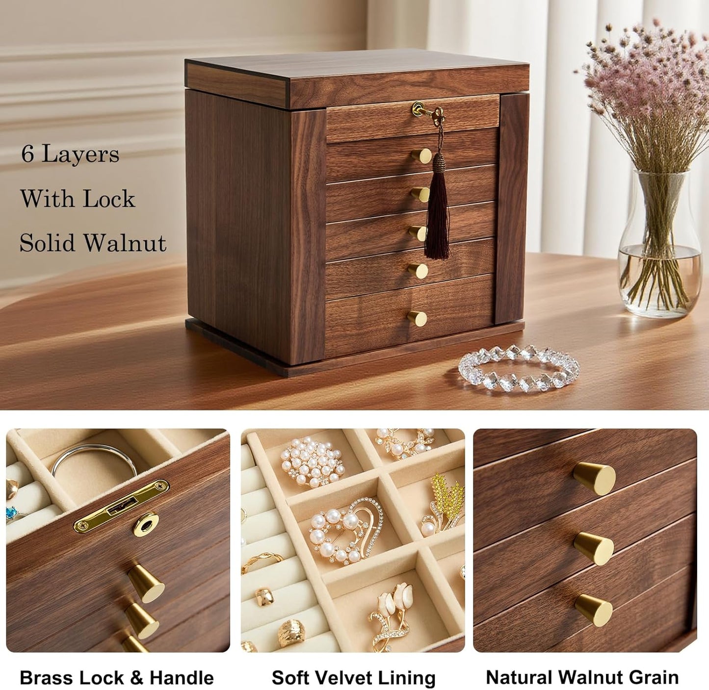 6-Layer Black Walnut Wooden Jewelry Box with Lock and Key, Large Luxury Jewelry Organizer Box for Women, Ideal Christmas Gift for Wife, Mom or Her, Earring & Necklace Storage with Ring Trays