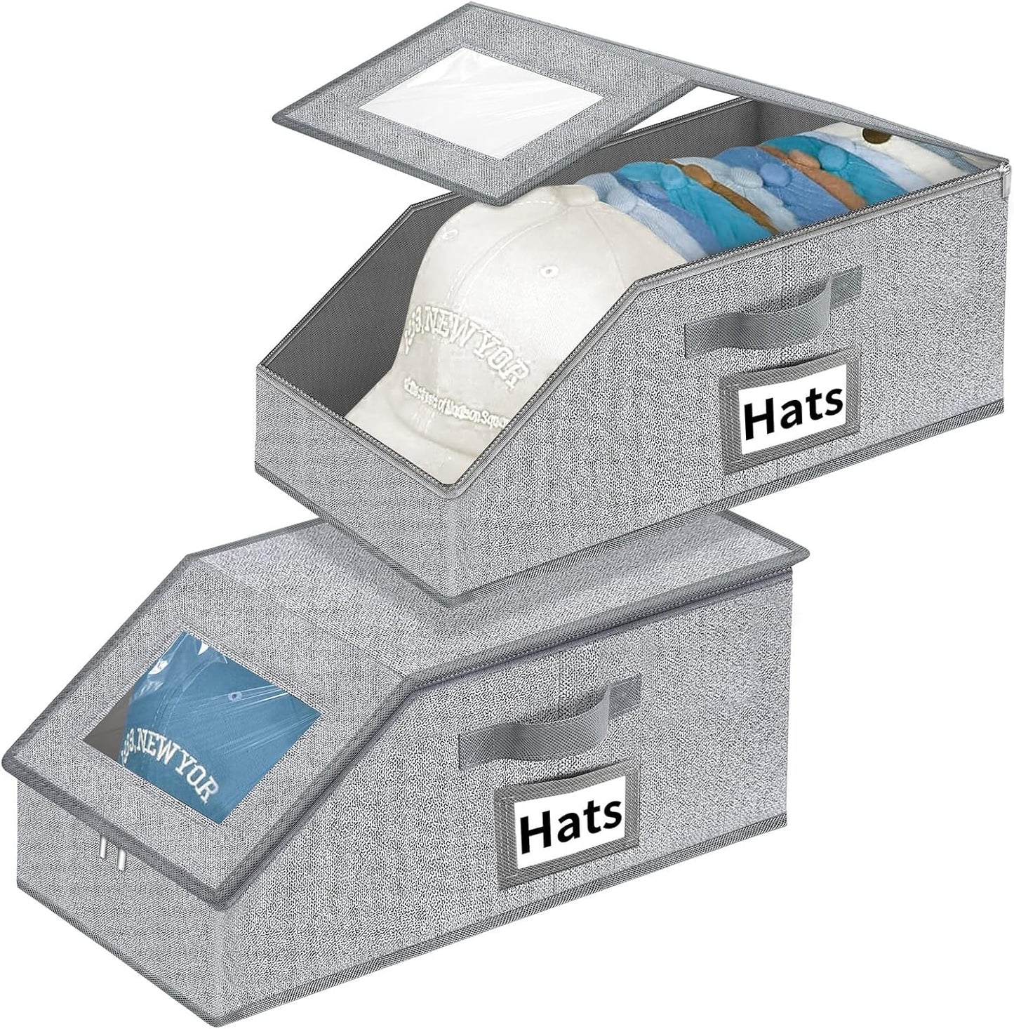 Aokeyee Hat Organizer for Baseball Caps - 2PCS Stackable Storage with Clear Window Lid, Flip-Top Access, Space-Saving Hat Box for Closet, Breathable Fabric (Grey)