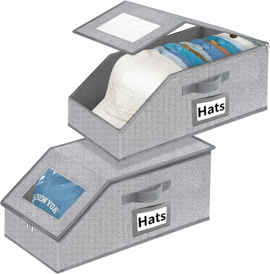 Aokeyee Hat Organizer for Baseball Caps - 2PCS Stackable Storage with Clear Window Lid, Flip-Top Access, Space-Saving Hat Box for Closet, Breathable Fabric (Grey)