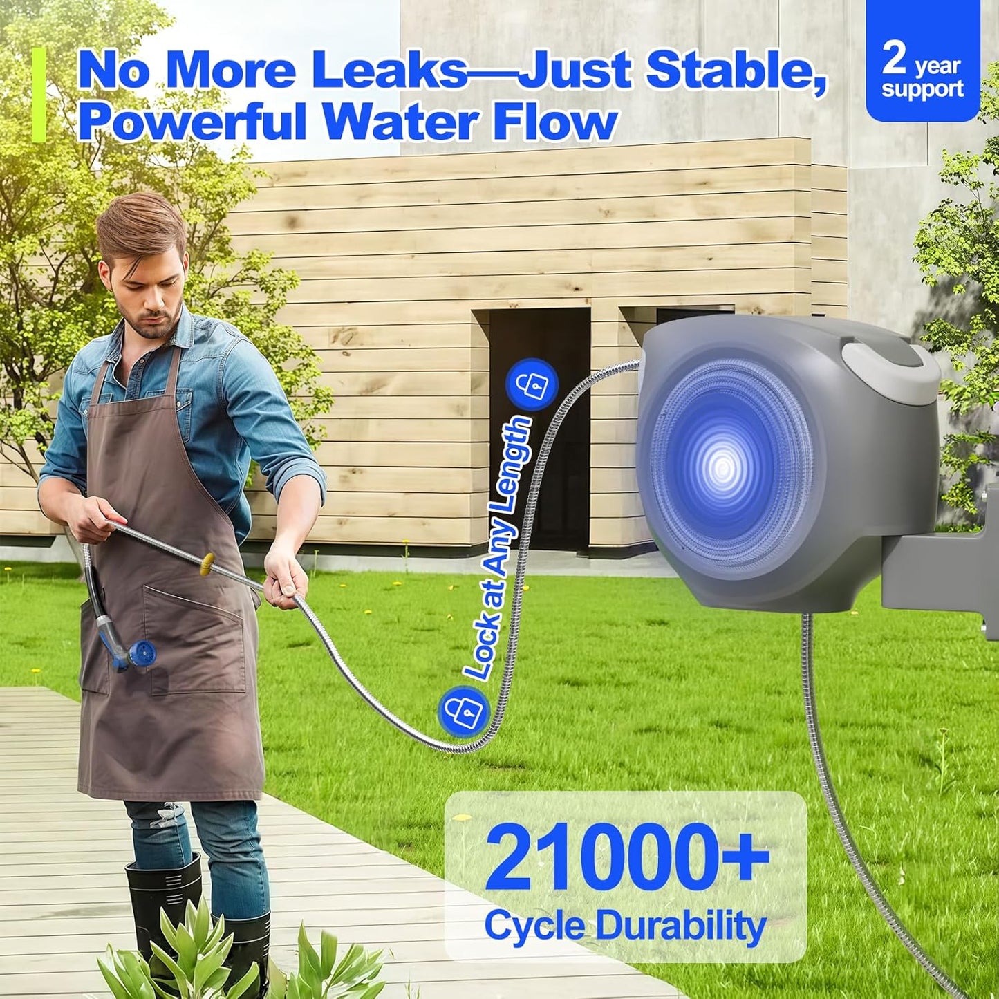 SPECILITE Retractable Garden Hose Reel 100 FT 1/2", 304 Stainless Steel Water Pipe, 3x Life, Leak-Proof, UV & Freeze Resistant, Automatic Rewind & Any Length Lock, Wall Mount Hose Reels for Outside