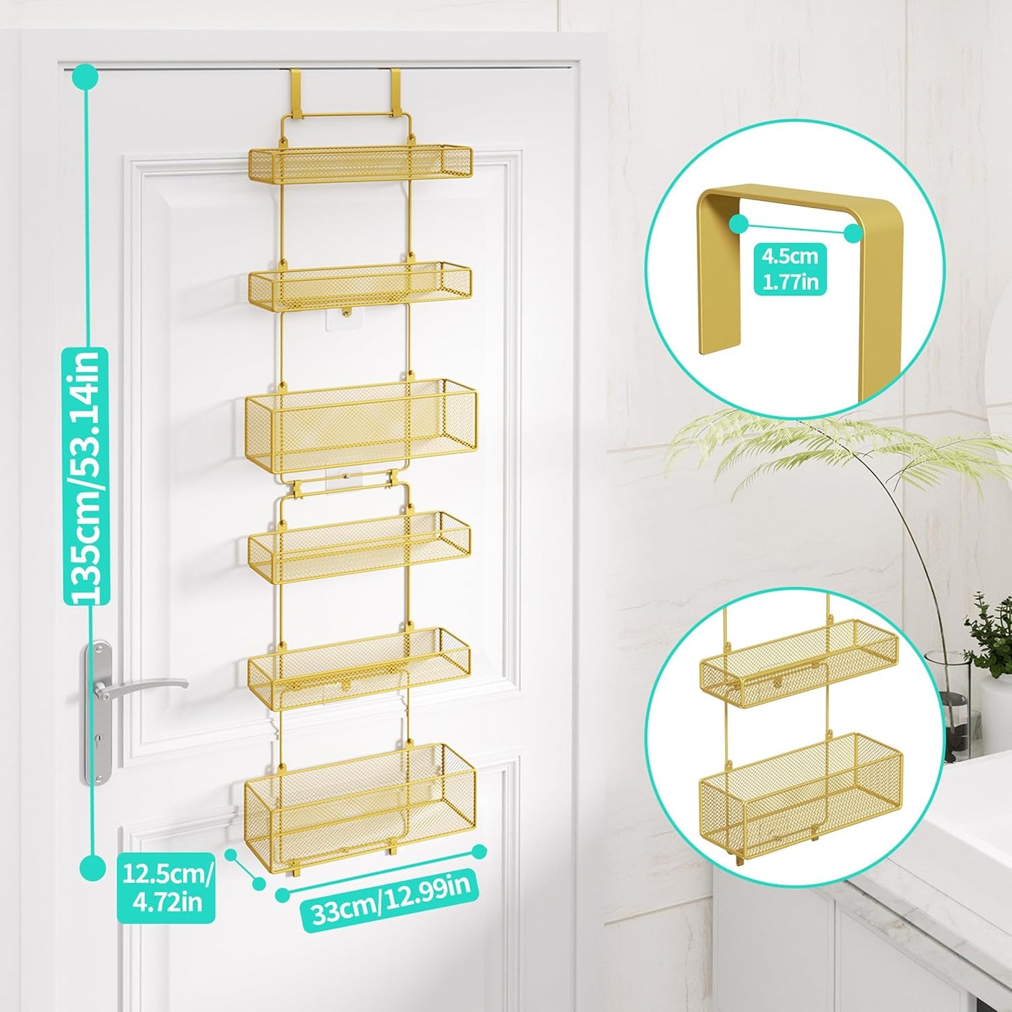 HapiRm Over Door Organizer Storage - Separable Door Organizer Hanging with 6 Metal Large Capacity Baskets for Bathroom Bedroom Kitchen Pantry Closet (Gold)