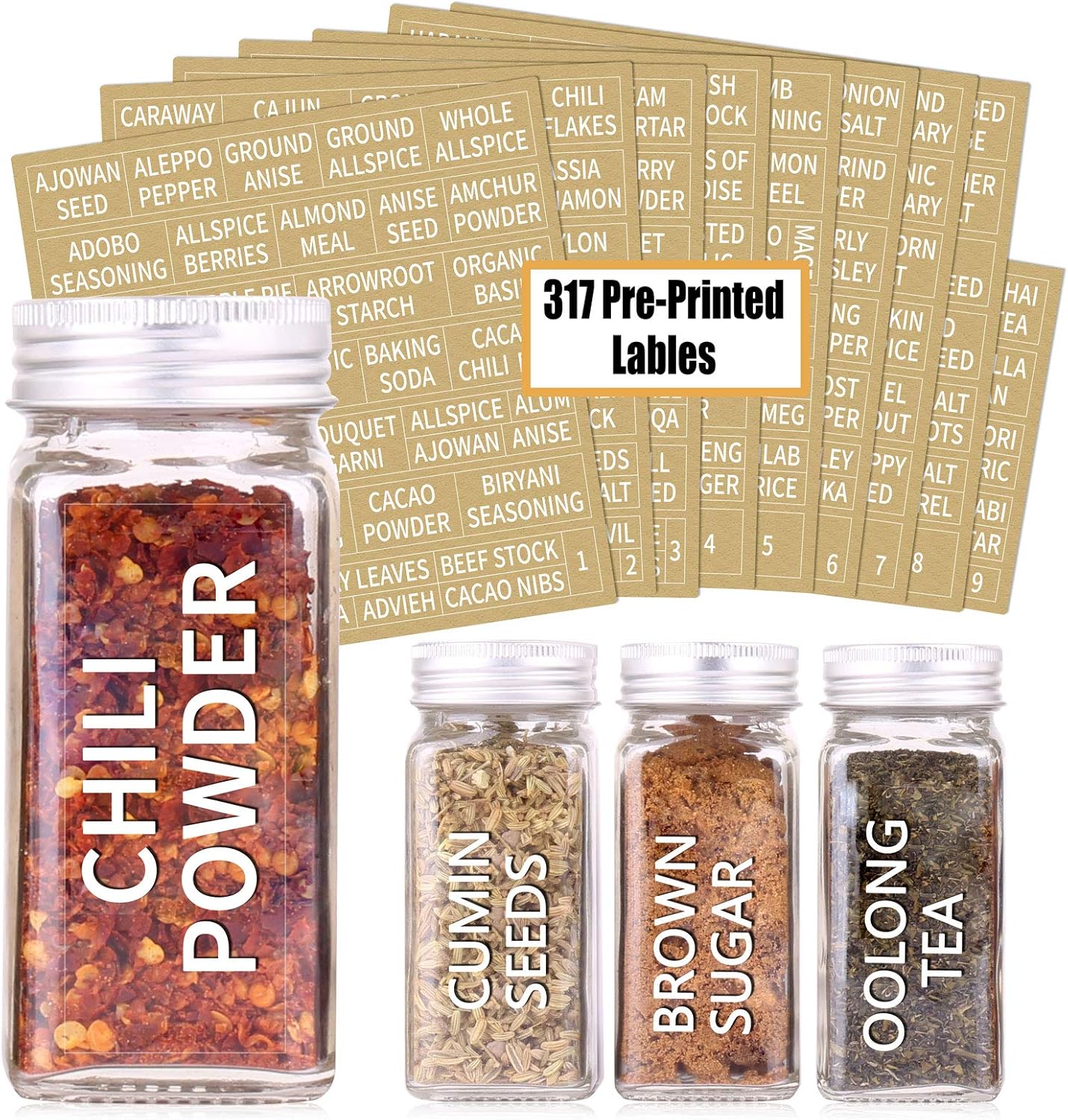 SWOMMOLY 48 Glass Spice Jars with 713 Spice Labels, Chalk Marker and Funnel Complete Set. 48 Square Glass Jars 4OZ, Airtight Cap, Pour/sift Shaker Lid