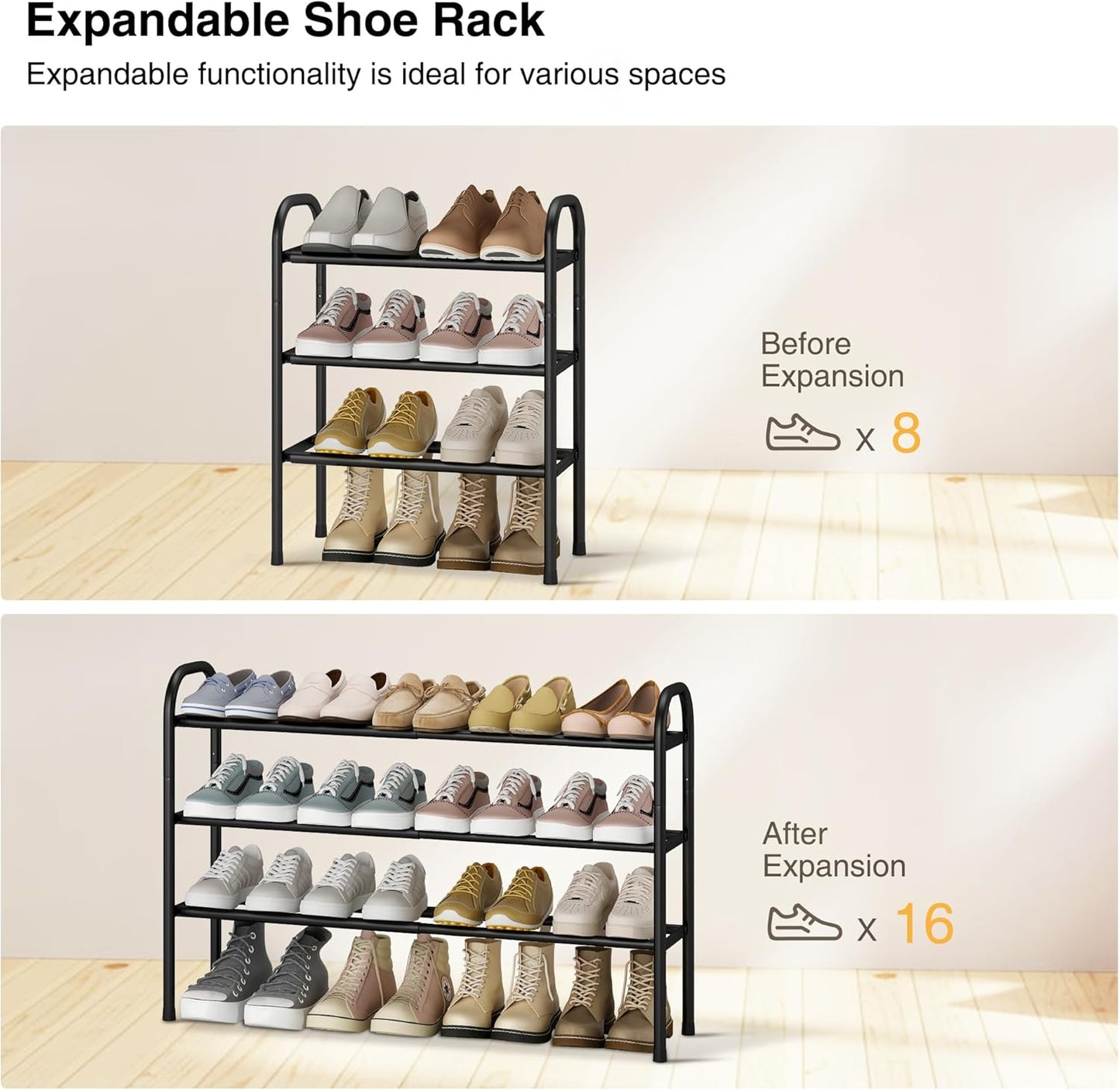 STO STO Expandable Shoe Rack, 3-Tier Metal Small Shoe Rack for Closet, Up to 16 Pairs Adjustable Shoe Racks Storage for Front Door Entrance, Free Standing Shoe Rack Organizer for Entryway, Black