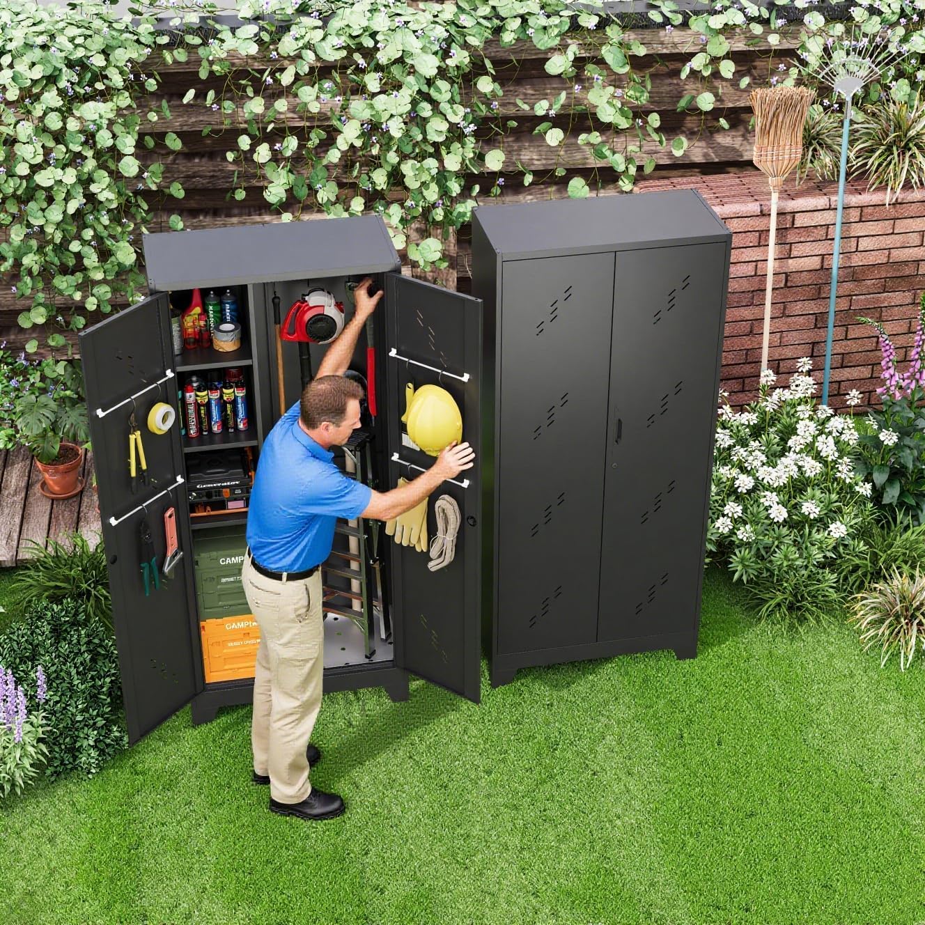 Garage Storage Cabinet 75" H,Tall Storage Shed with Lockable Doors and Stainless Steel Bottom, Black Tools Utility Chests for Office, Garage, Warehouses