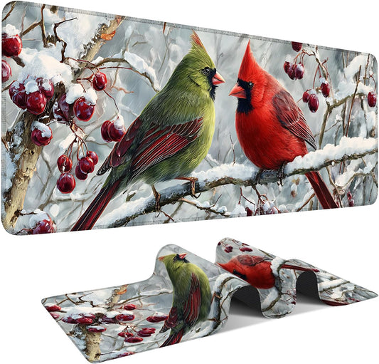 Winter Cardinal Bird Gaming Mouse Pad 31.5"x11.8"Desk Mat Anti-Slip Rubber Base & Durable Stitched Edges for Gamers Smooth Mouse Writing Surface for Desk Office/Home