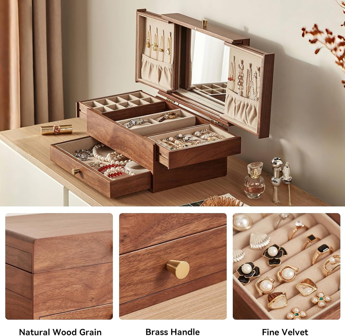 CHOSIN Black Walnut Wooden Jewelry Box for Women, 3 Level Multi-functional Drawer Organizer Box Watch Necklace Ring Earring Storage