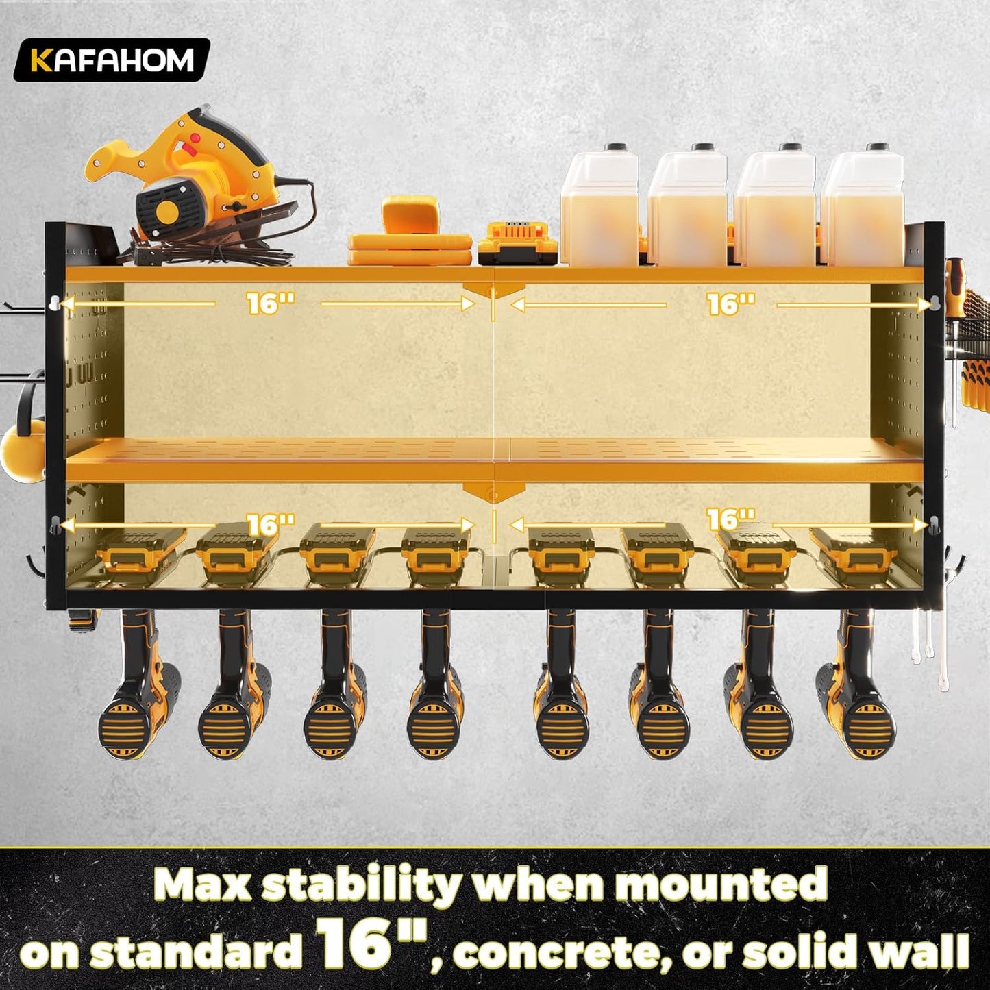 KAFAHOM Power Tool Organizer，Large 8 Drill Holder Wall Mount ，Heavy Duty Metal Tool Shelf with 12 Hooks Storage Rack for Garage Organization，Utility Cordless Drill Holder and Battery Shelves
