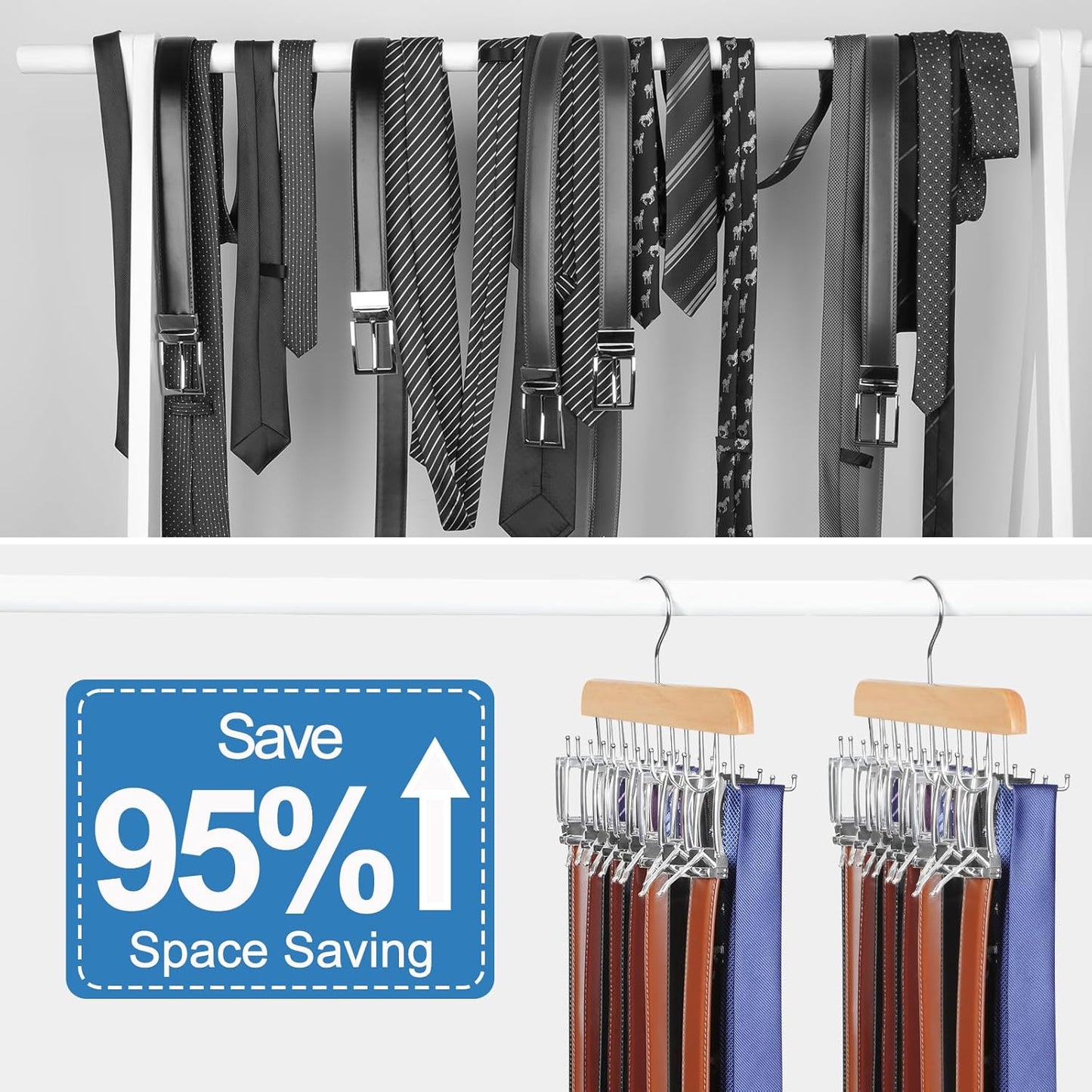 TOPIA HANGER 40 Hooks Belt Tie Hanger Space Saving for Closet, 2 IN 1 Belt Ties Racks Max 60 Belts with 60 Ties Capacity, Curved with Flat Hooks for Belts,Ties,Bras,Closet Organizers and Storage CT70N