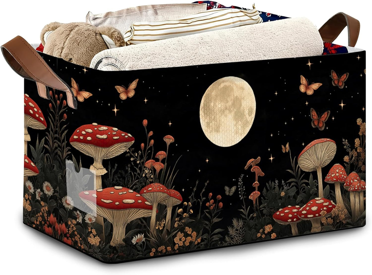 Mushroom Moon Storage Baskets,Butterfly Plants Foldable Organizer Bin with Handles for Home Living Room Bedroom Closet Box 17x11.5x10Inch