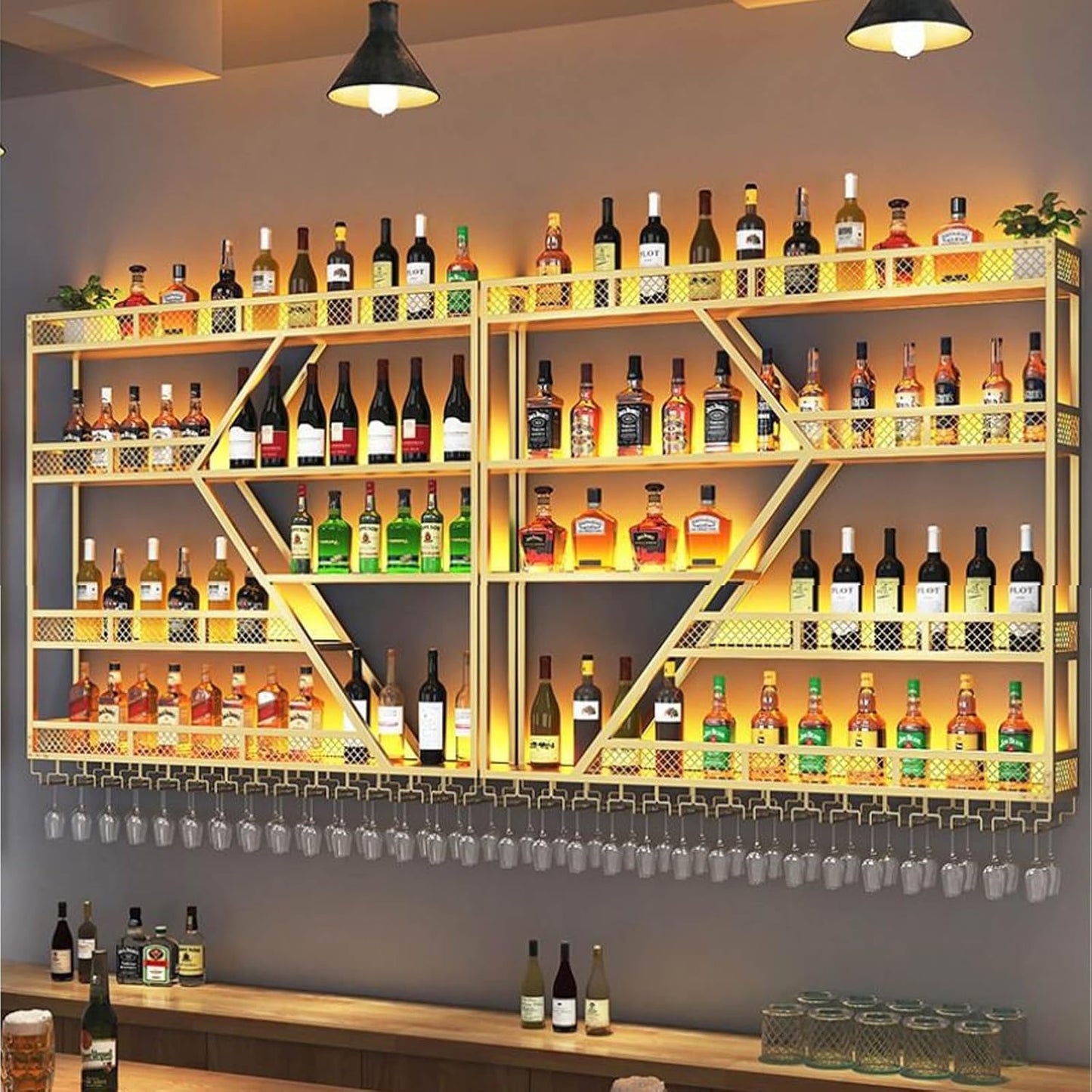 79in Large Wall Mounted Wine Rack 4 Tier Metal Wine Bottle Holder Modern Diamond Design Floating Bar Liquor Bottles Storage Rack for Home Restaurant Bar Decorative (Gold, 4 Tier - 79in)