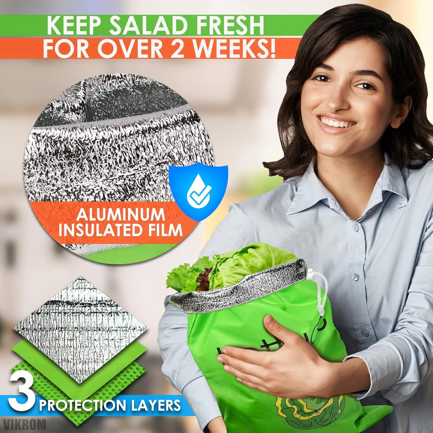 Lettuce Keeper for Refrigerator – 3-Layer Reusable Produce Storage Bags with Foil Lining and Drawstring | Breathable, Washable, Sturdy & Easy to Use | Great for Lettuce, Leafy Greens, Fruits & Veggies