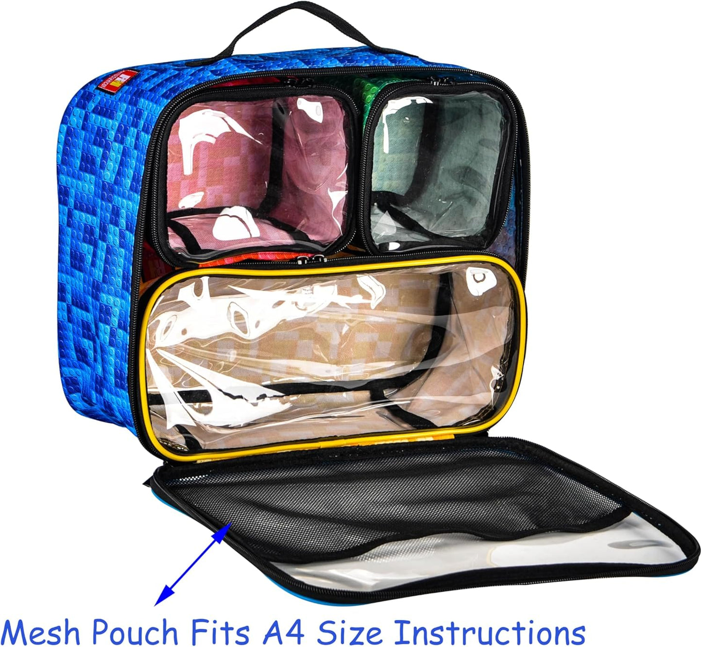 4-piece Kids Toy Storage Organizer Set Bag for Toy Building Bricks with See Through Clear TPU Top, Small Toy Packing Cube Bags, Clean Up Container case (grid pattern)
