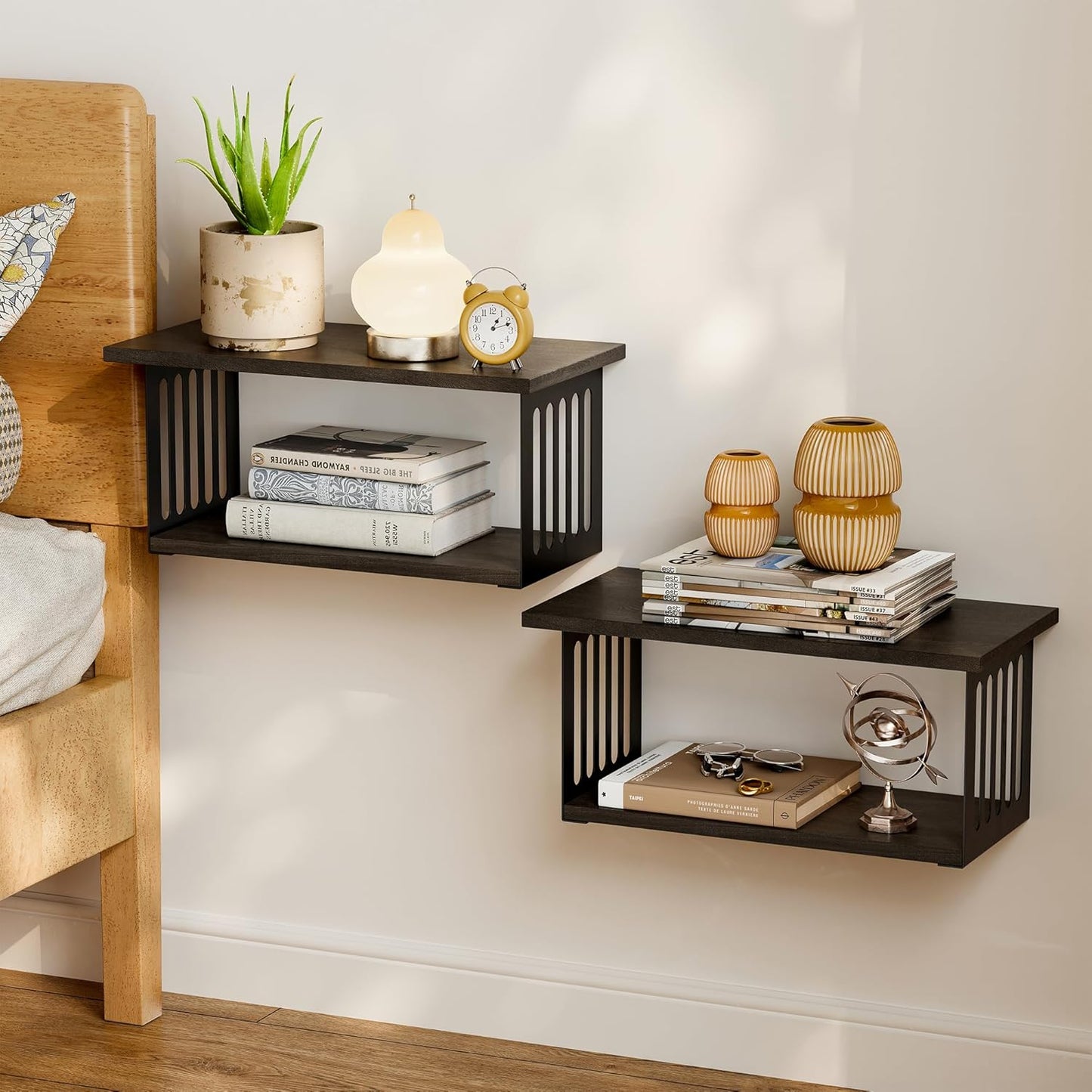 2-Tier Display Wall Shelves,16.8 Inch Floating Shelves Wall Mounted Set of 2,Floating Bookshelves Set of 2 for Living Room, Bathroom, Bedroom, Kitchen, Black