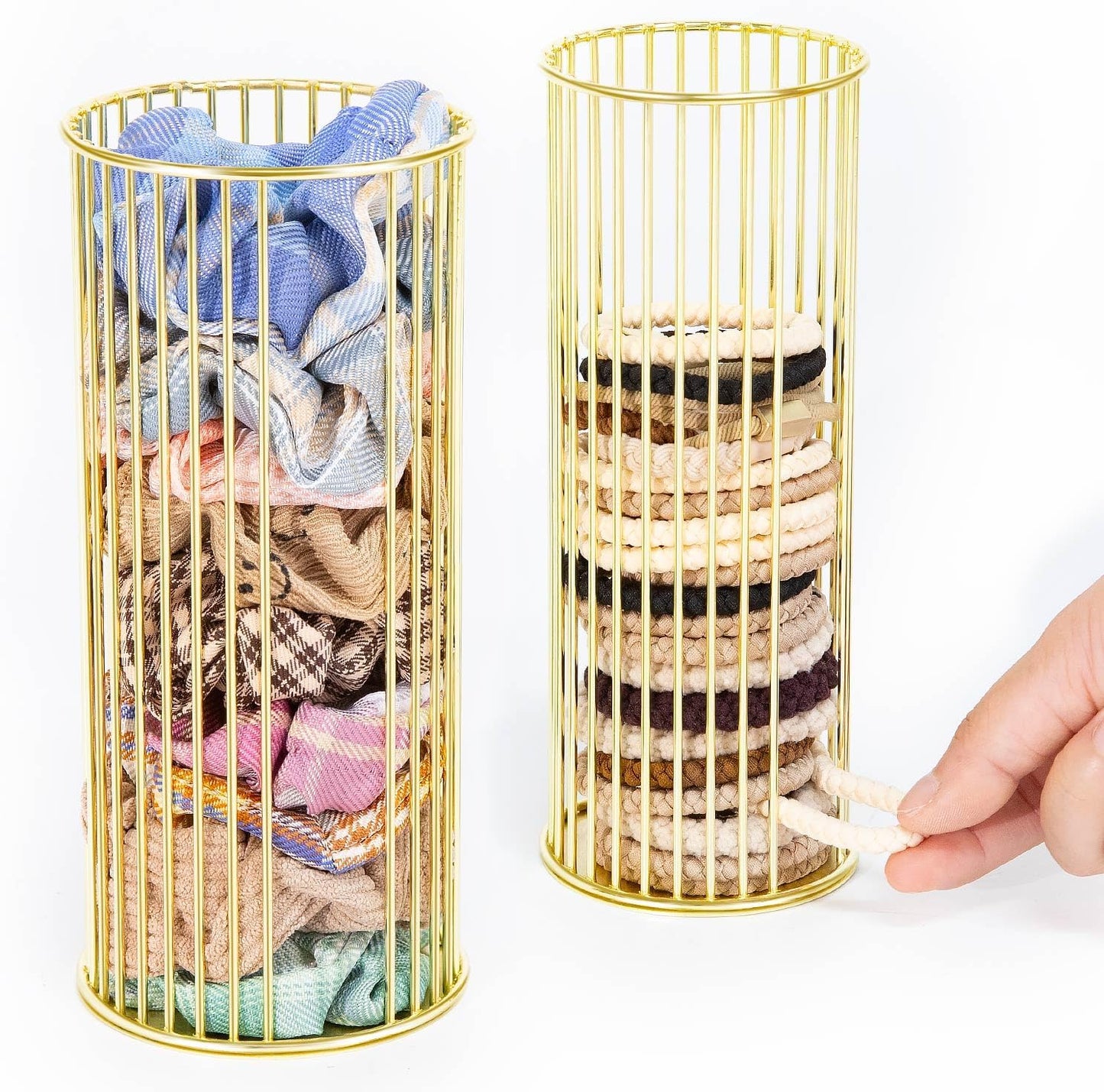 Gold Metal Hair Ties Holder Organizer – Stylish Scrunchie Stand with Side Opening for Easy Access – Countertop Hair Elastics Storage for Women & Girls, Set of 2 (Large & Small)
