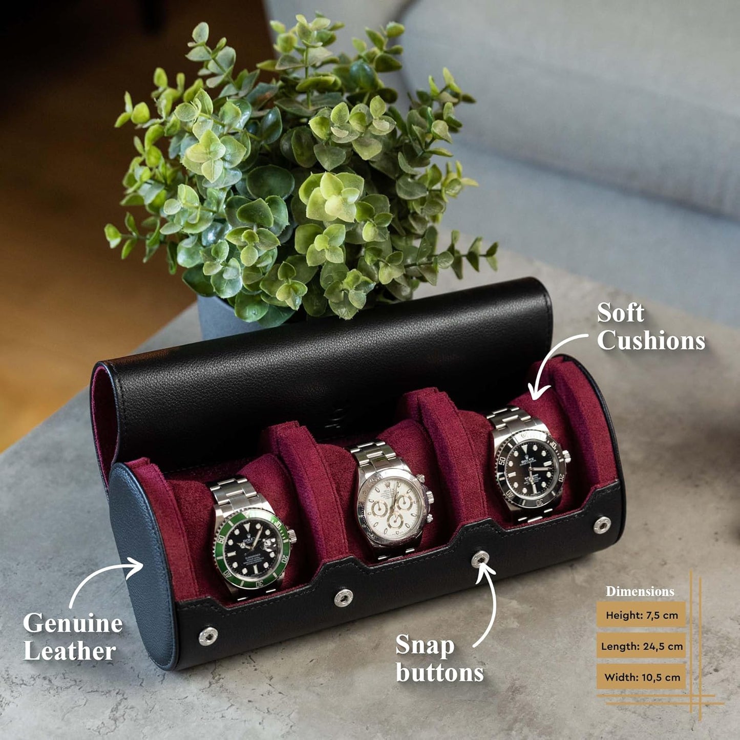 DailyWatch | Watch Roll Travel Case For 3 Watch | Luxury Watch Case In Genuine Black Leather With Soft Velvet Interior | Watch Case Protect, Store, & Display Your Watches | Black Cherry