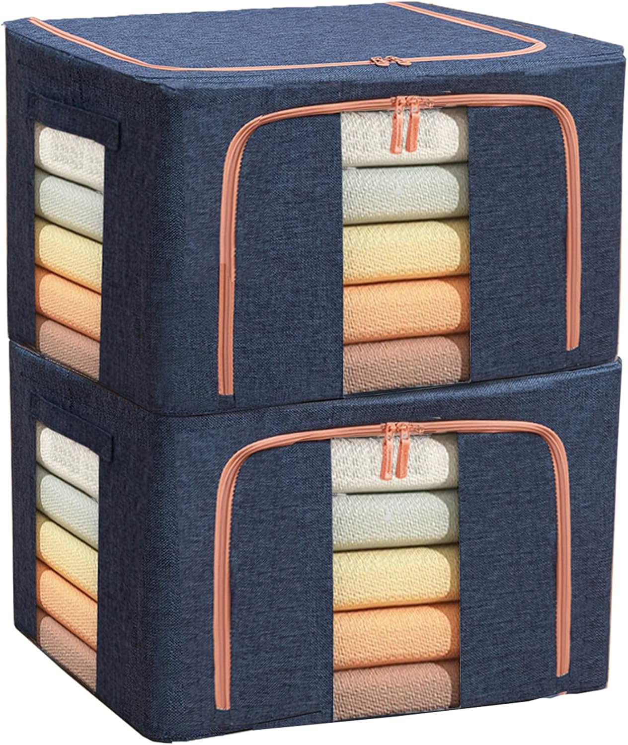 100L Large Capacity Clothes Storage Organizer,Stackable Storage Bags with Foldable Metal Frame, Zipper, Handles, Clear Window, Storage Container Box for Blanket Sweater Comforter Pillow (Navy 2Pack )