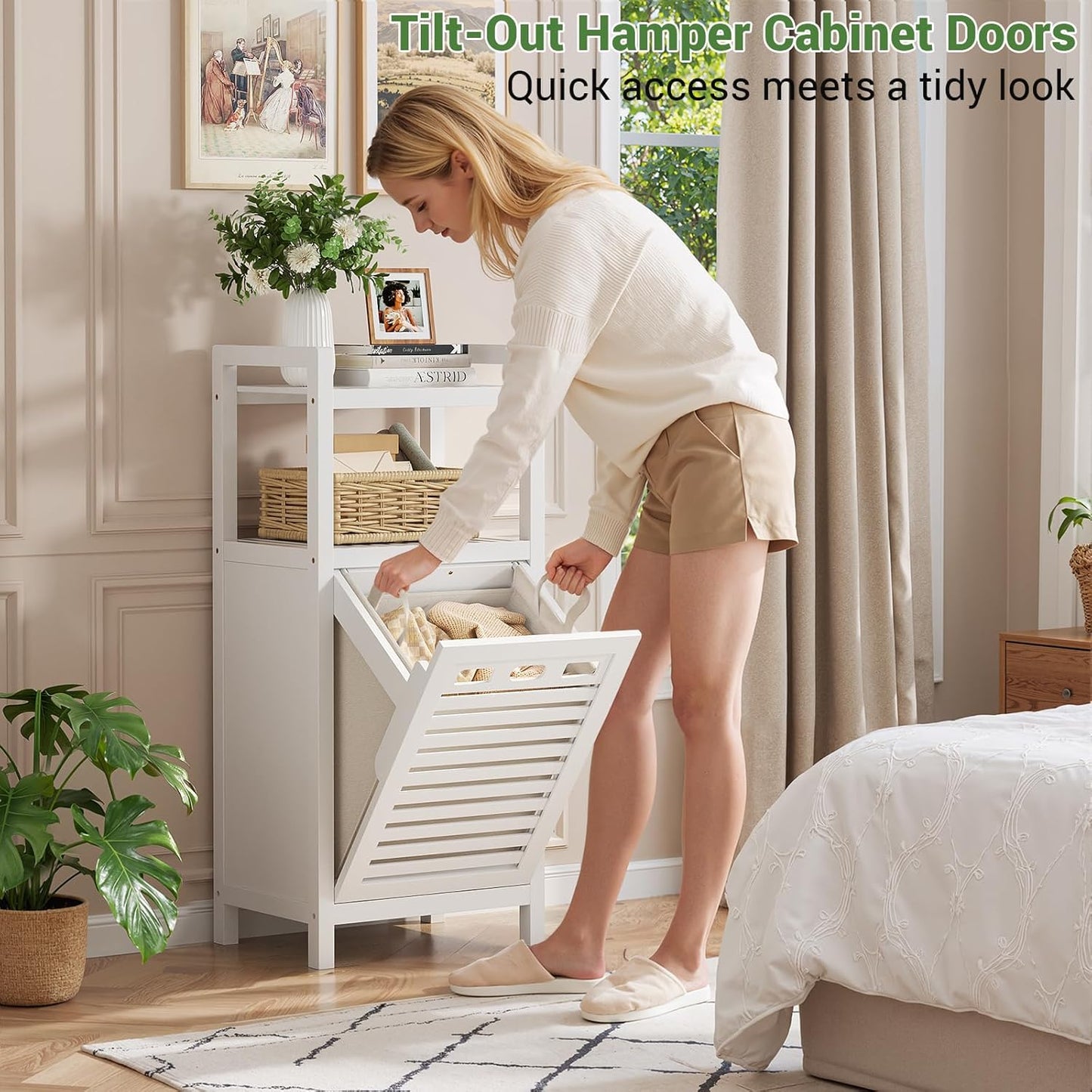 Homykic Tilt Out Laundry Hamper, 10 Gal Bamboo Laundry Storage Cabinet with Removable Basket, Hidden Hamper Organizer with Shelf for Dirty Clothes, Bathroom, Laundry Room, Space Saving, White