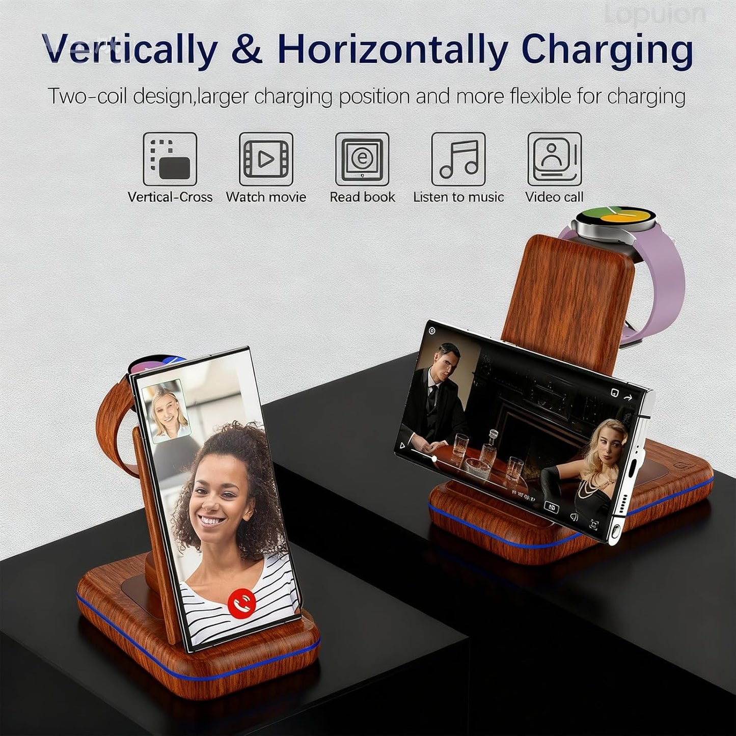 Wireless Charging Station for Samsung/Android, Fast Wireless Watch Charger Station Compatible for Samsung Galaxy S25 Ultra/S24/S23+/Z Flip 7/6 Fold 7/6, Watch8/7/Pro/Active 2 Galaxy Buds3/2 Pro(Wood)