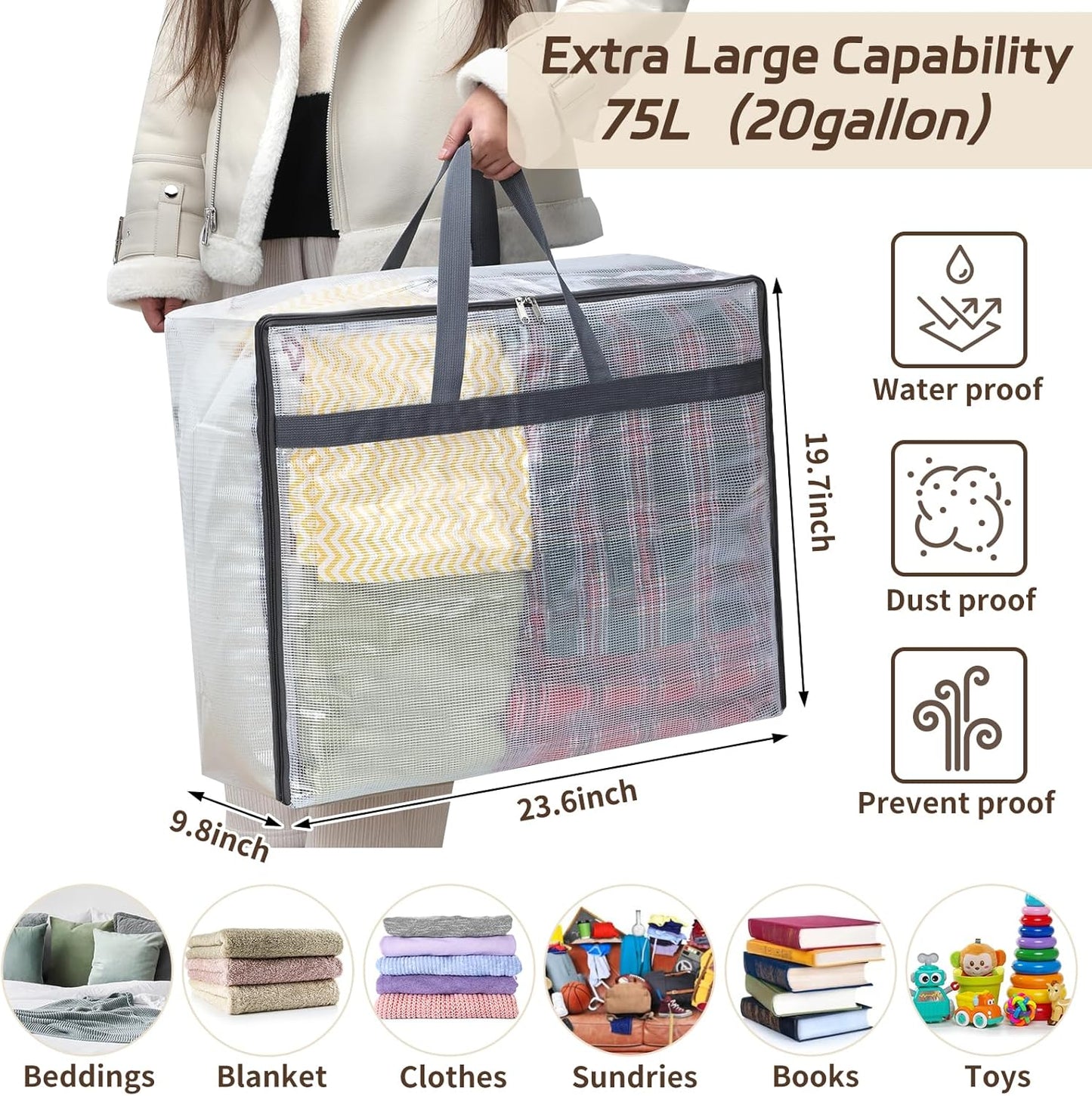 Fixwal 4 Pack 75L Extra Large XL Clear Storage Bags With Zipper for Blankets, Quilts, Clothes, Comforter, Bedding and Pillows