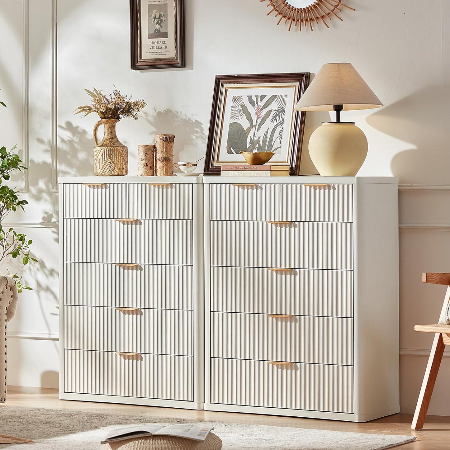 LEYAOYAO Fluted 6 Drawers Dresser for Bedroom, 42" Tall Modern Chest of Drawers with Metal Handle, Curved Profile Design,White Wood Drawer Organizer for Bedroom, Living Room, Hallway, Entryway