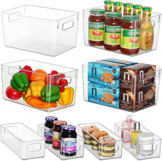 Clear Storage Bins 8 Pack for Fridge,4 Large Plastic Pantry Organizer Bins and 4 Small Stackable Storage Containers for Home Edit, Kitchen, Freezer, Bathroom, Under Bed, Vanity Drawers