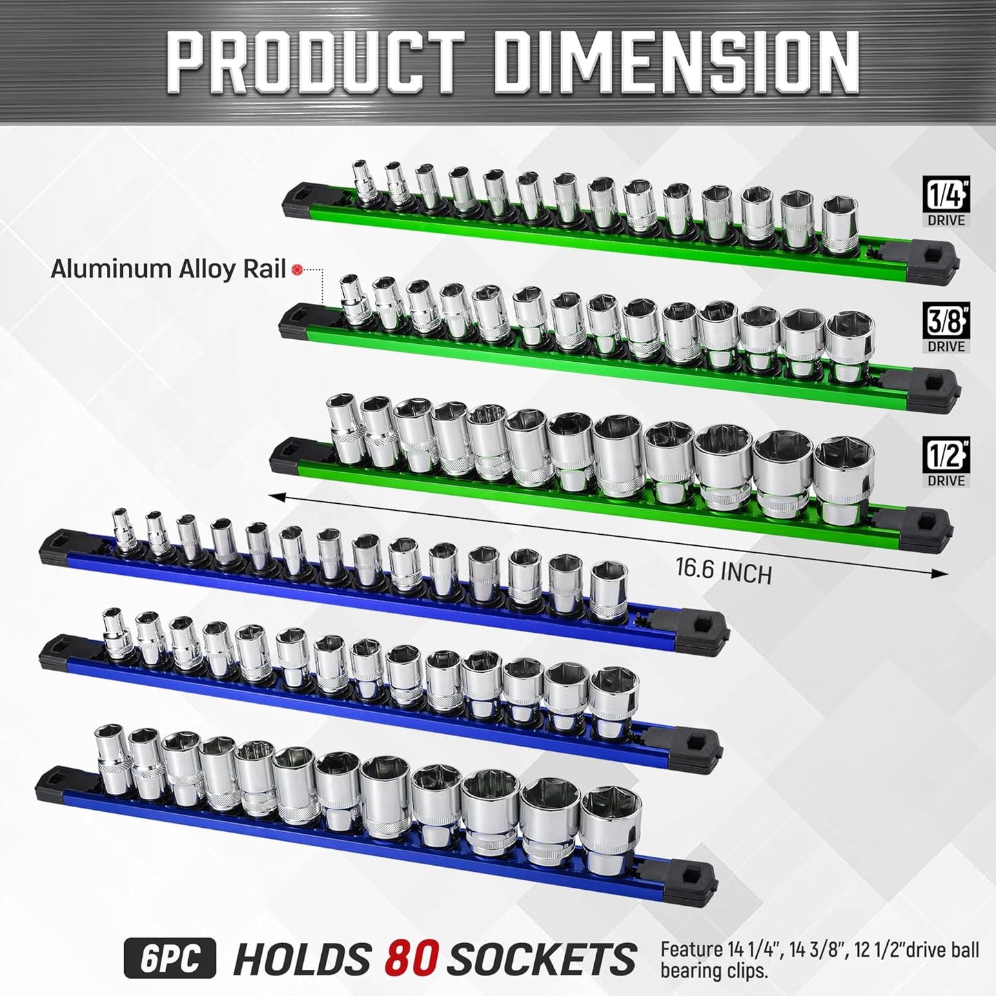 ALOANES 6-Piece Magnetic Socket Organizer, Heavy Duty Aluminum Socket Rails Organizer, 360° Swivel Clips Socket Holder Kit for Tool Box, 1/2, 3/8, 1/4-Inch Socket Holder x 80 Clips (Green&Blue)