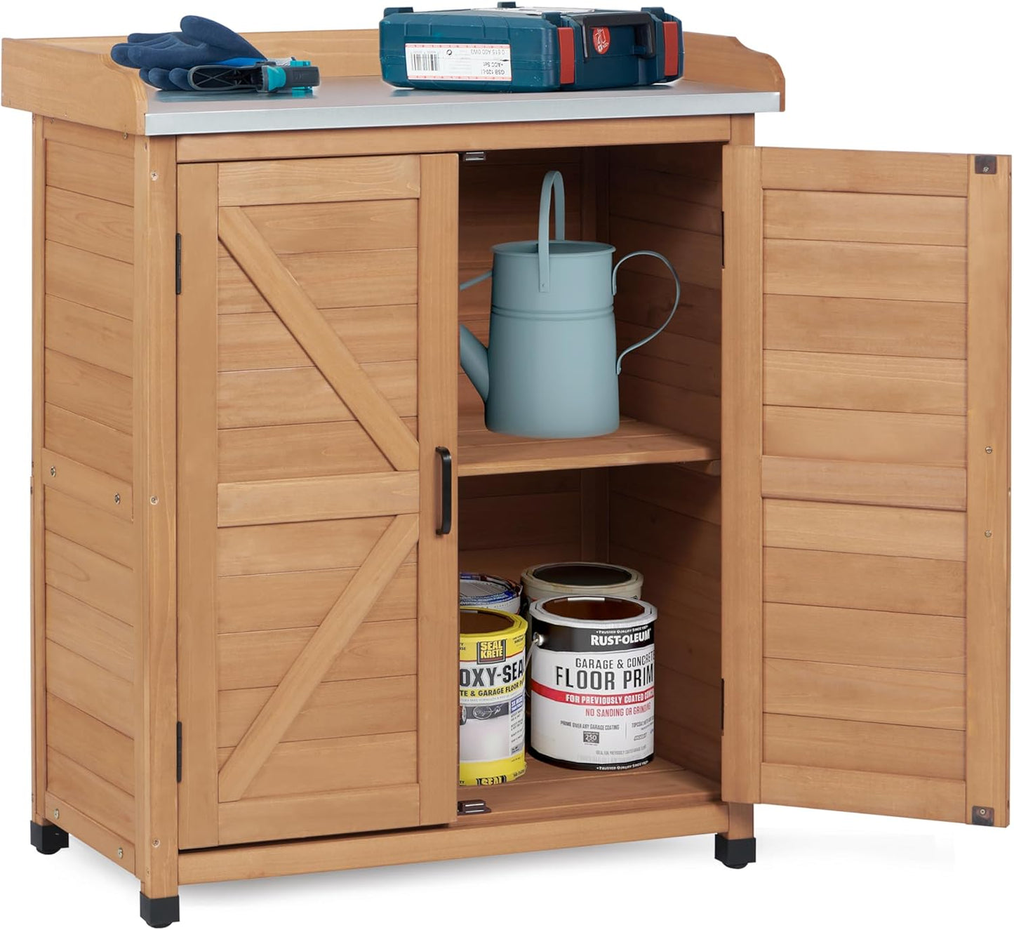 Outdoor Potting Bench with Storage Cabinet and Metal Top, Wood Workstation for Outdoor Patio, Garden (Light Brown, 31.5x17x39‘’)