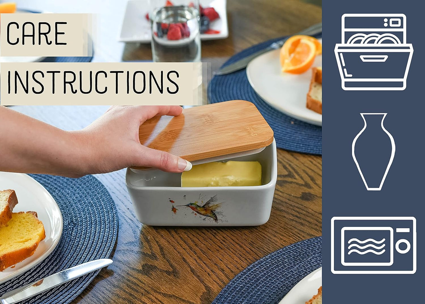 Nat & Jules Dean Crouser Ceramic Stoneware 1/2 Pound 2 Sticks Butter Dish Airtight Bamboo Lid Kitchen Accessory, Container Holder, Refrigerator Storage, Countertop Organization, Watercolor Hummingbird