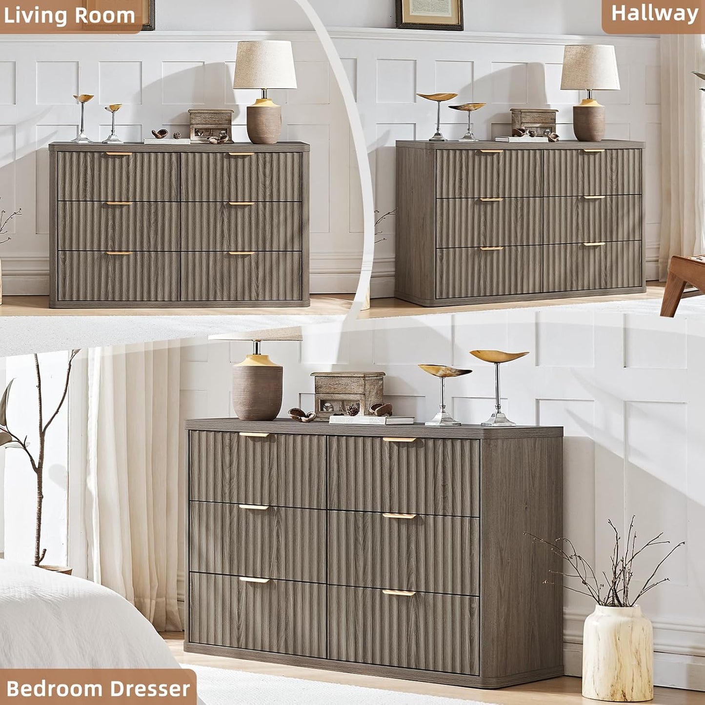 LEYAOYAO Fluted 6 Drawers Dresser, 48" Wide Modern Chest of Drawers with Wood Grain Top, Curved Profile Design, Dresser TV Stand, Wood Drawer Organizer for Bedroom, Living Room, Hallway,Grey