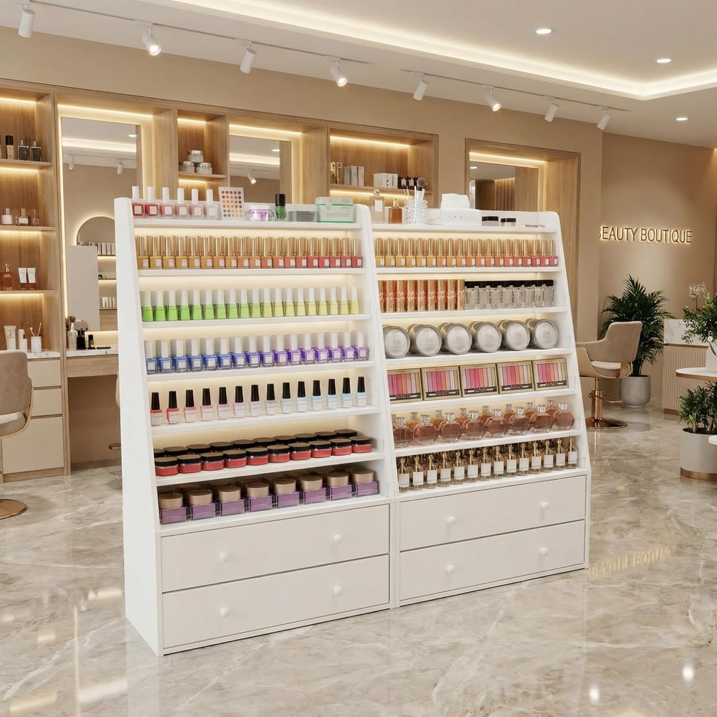Nail Polish Rack with 2 Drawers, Salon Display & Storage Cabinet with Acrylic Baffle, Holds 700+ Bottles of Polishes, Essential Oils & Perfumes, Suitable for Nail Salon & Beauty Store, White
