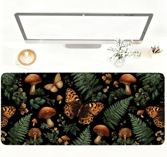 Vintage Butterfly Mushroom Mouse Pad – Large Extended Desk Mat 35.43 x 15.75 in – Dark Forest Aesthetic with Ferns & Fungi, Waterproof Surface, Non-Slip Rubber Base, Keyboard & Mouse Pad