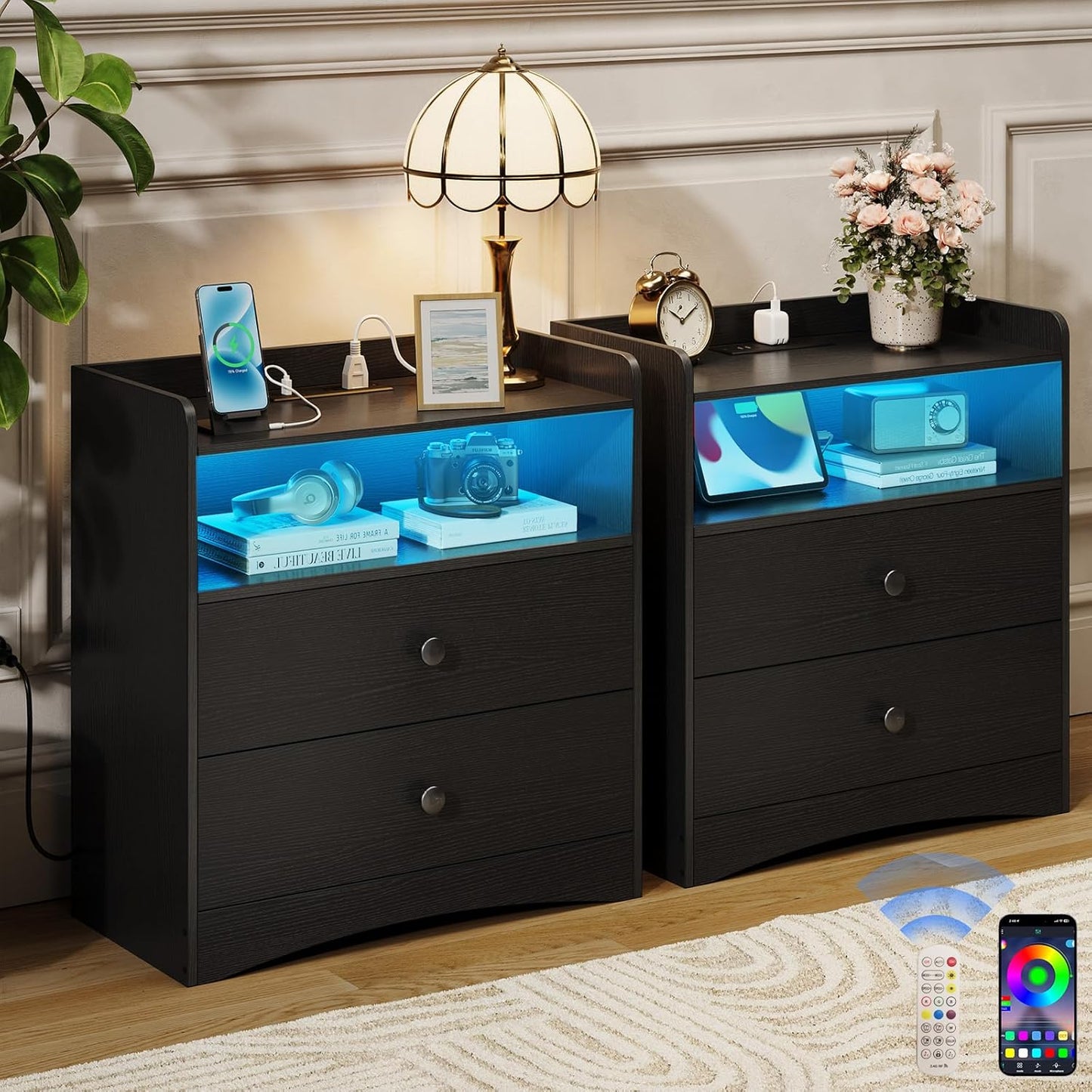 2 Pack Nightstand with Charging Station and LED Light, Modern Nightstand with USB Ports and Outlets, Wooden Bedside Table with 2 Storage Drawers, Small Dresser for Bedroom Small Space, Black