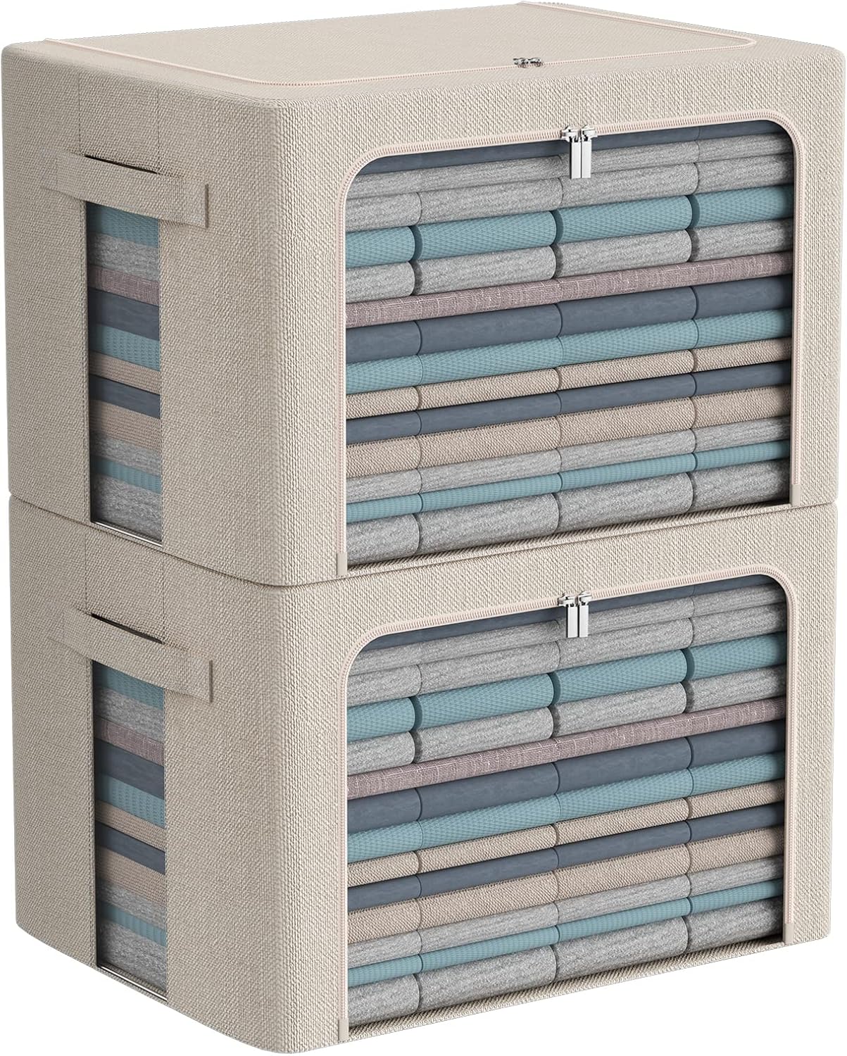 CYhom Extra Large Clothes Storage Bins - Linen Fabric Foldable Stackable Container Organizer Set with Clear Window & Carry Handles & Metal Frame - 2Pack Large Capacity for Bedding, Blankets, Books