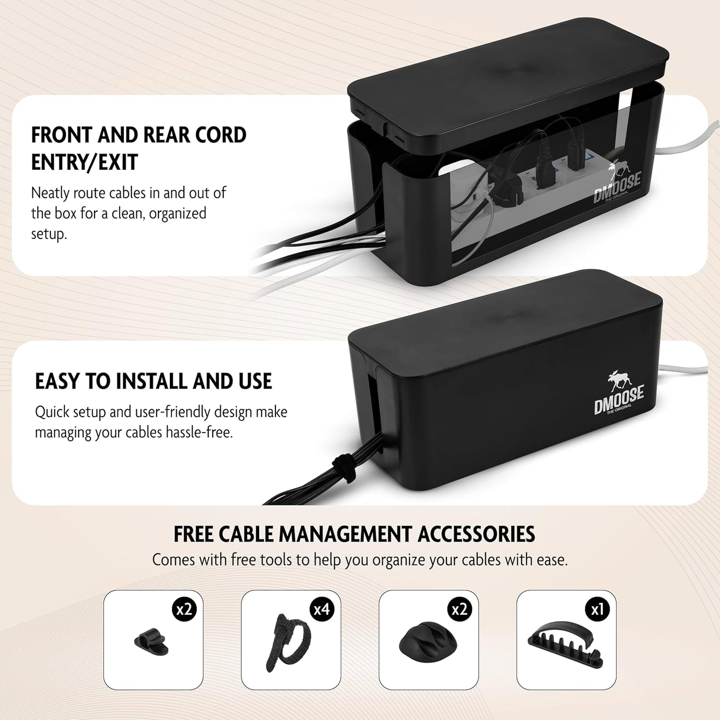 DMoose Cable Management Box - 2 Pack Medium & Large Cord Organizer for Desk & Floor, Cable Organizer Box for Child & Pet - Cable Box Hider for Tidy Office & Home, Power Strip Cover (Black - Pack of 2)