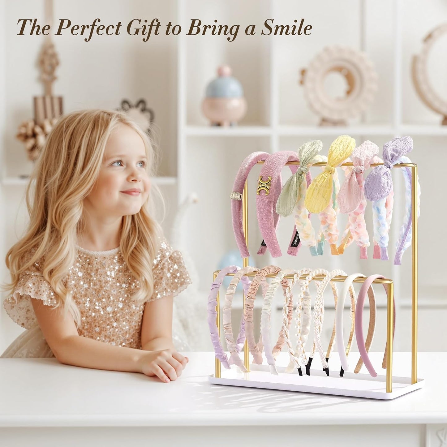 Headband Holder Organizer Metal 2-Tier with Tray: Hair Accessories Display Stand Storage Hairband Rack Necklace Stand Home Bedroom for Girls Women, Gold