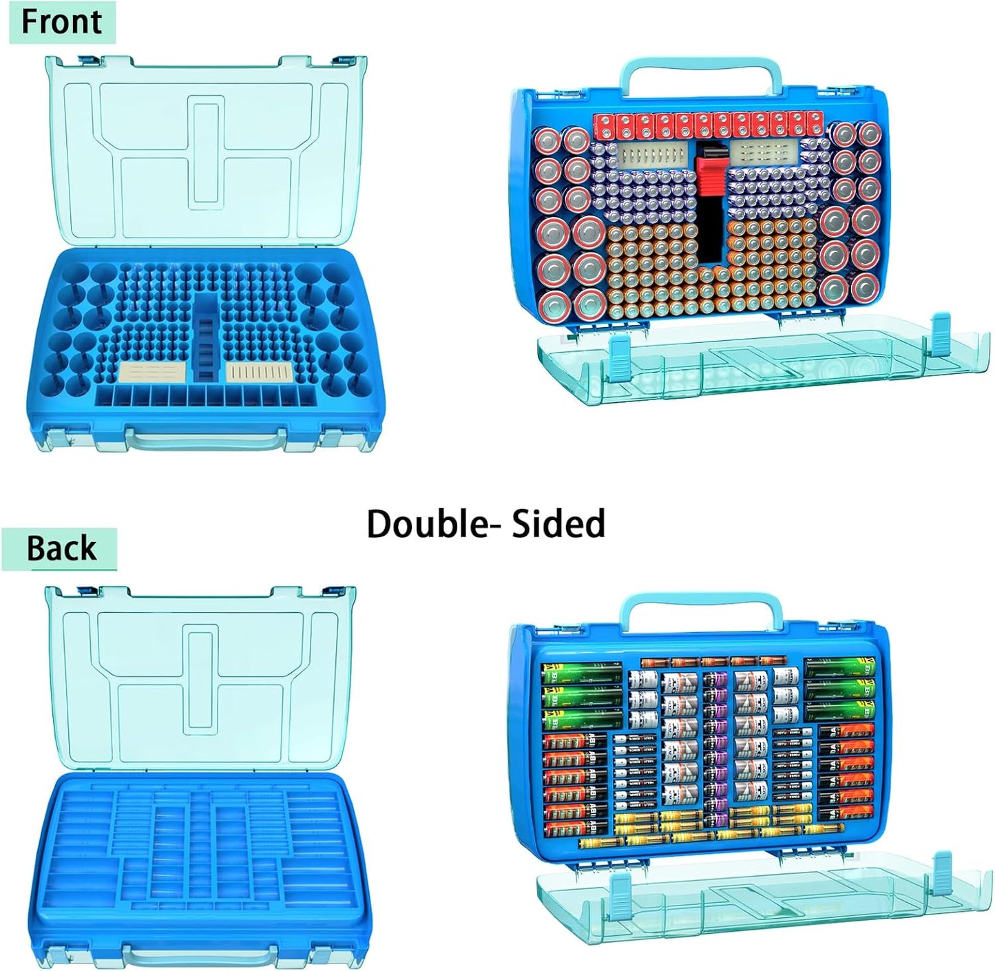 ALCYON Large Capacity 269 Battery Organizer Storage Case with Tester, Double-Side Battery Holder Container for AA AAA AAAA C D 9V Lithium 3V CR123 CR1632 18650 Batteries(Box Only) (Blue)