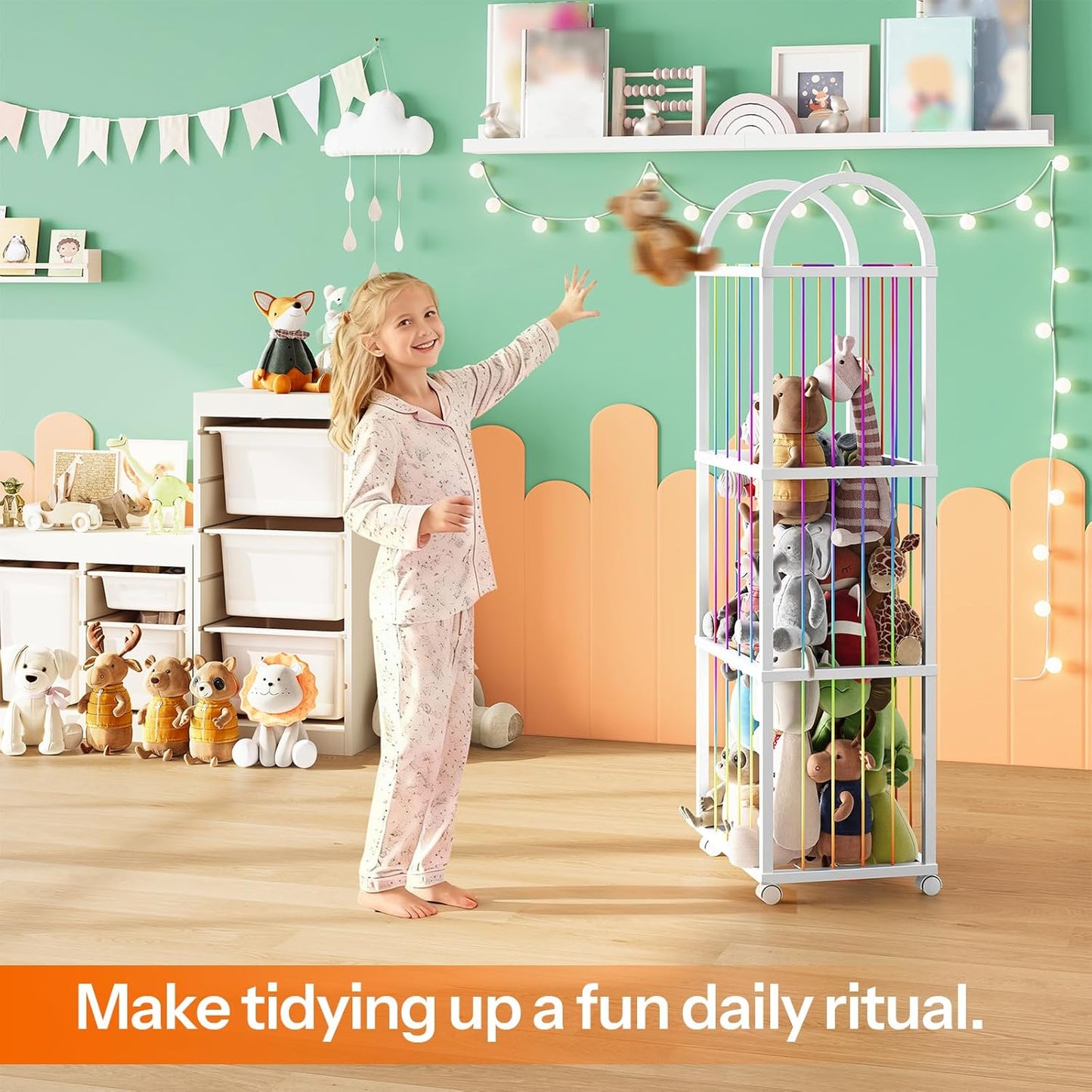 HOOBRO Stuffed Animal Storage, Kids Toy Zoo Storage Organizer with Wheels and Elastic Band, Large Stuffed Animals Holder for Nursery, Playroom, Living Room, White WT128CW01