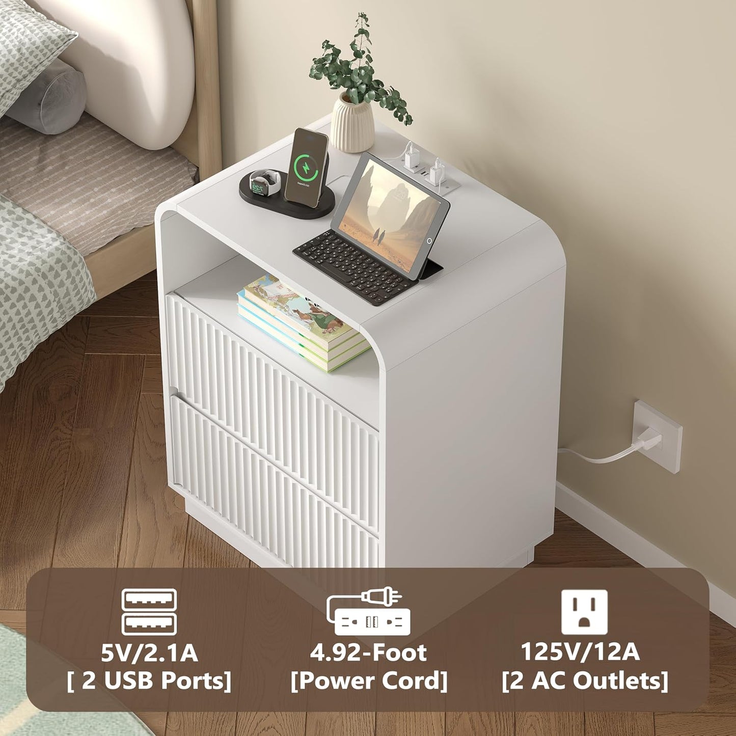 Dresser with 2 Drawers and Charging Station, Fluted Bedside Table with Round Curved Corner, Hidden Handles, 2 AC Outlets and 2 USB Ports, Modern Wood End Table with Open Shelf for Bedroom