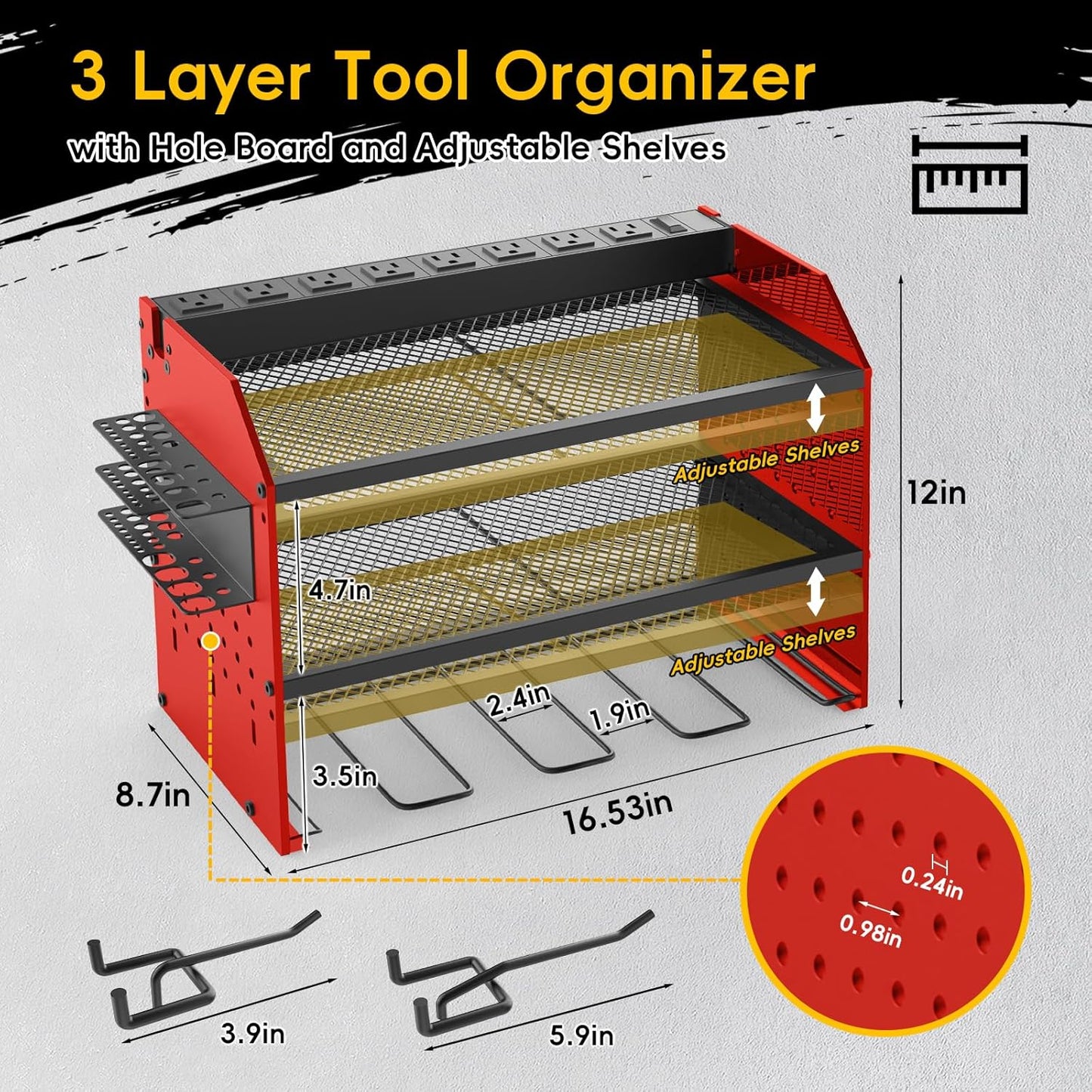 Power Tool Organizer Wall Mount with Charging Station, Drill Holder, Adjustable Layers, Heavy Duty Garage Tool Organizer Storage with 8 Outlet Power Strip, Christmas Gifts for Men, Dad, Husband