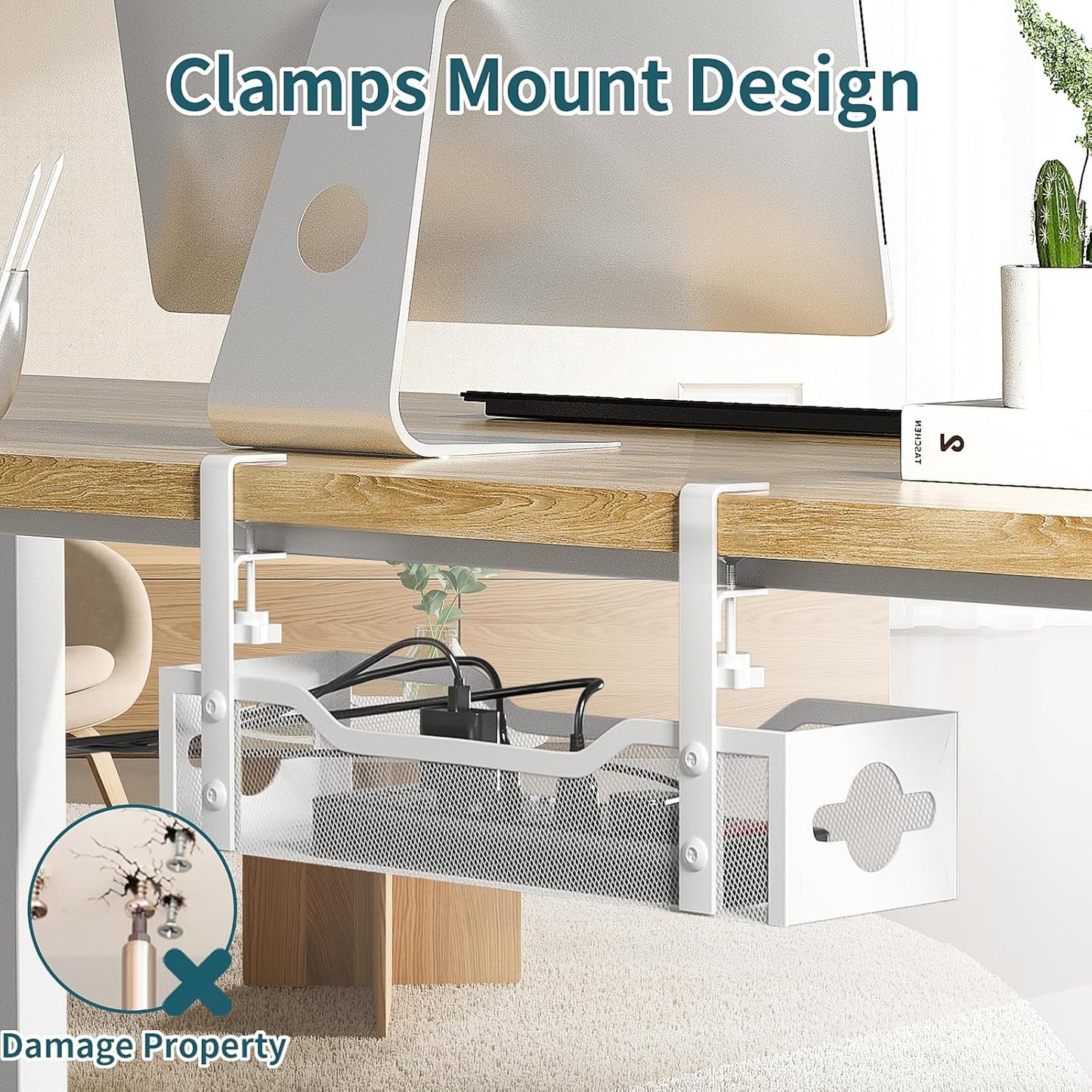 Under Desk Cable Management Tray No Drill, 13.38'' Metal Tray with Clamp for Wire Management, Litwaro Cord Organizer Home Office Damage to Standing Desk, White