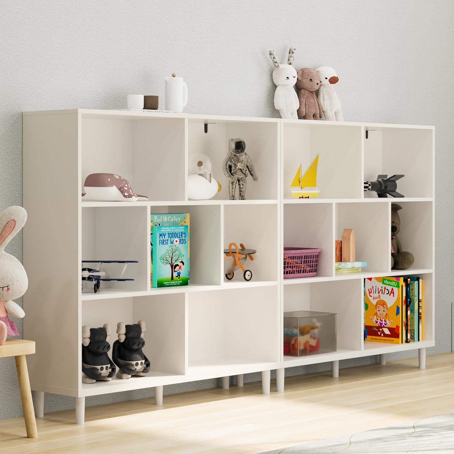 Wood Cube Storage Organizer White Bookshelf - 3-Tier Freestanding Storage Cabinet with Legs for Home Office, 7-Cubes Open Shelf