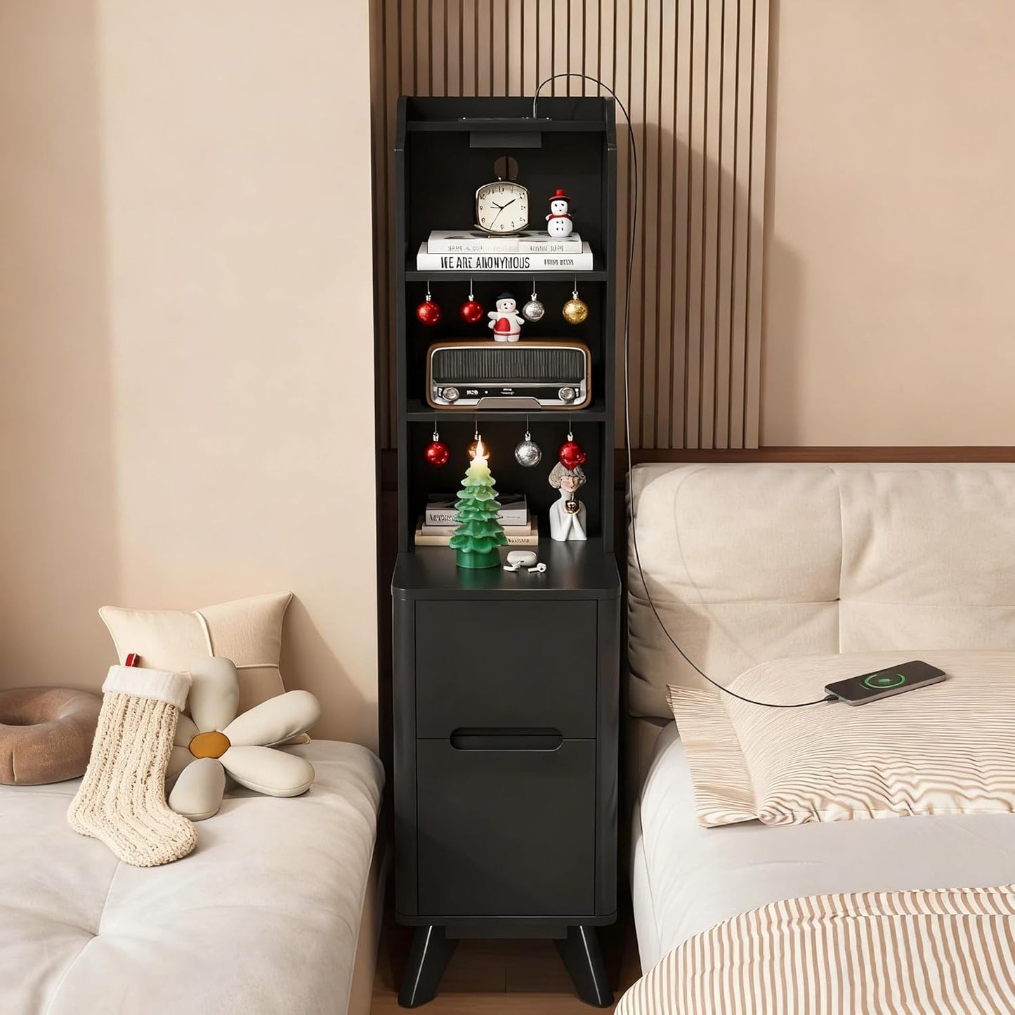 Tall Nightstand with Charging Station, Narrow Side Table with Bookshelf, 47" Tall Free Standing Wooden Night Stand with 2 Drawers and 4 Open-Shelves, Modern End Bedside Table for Bedroom, Black