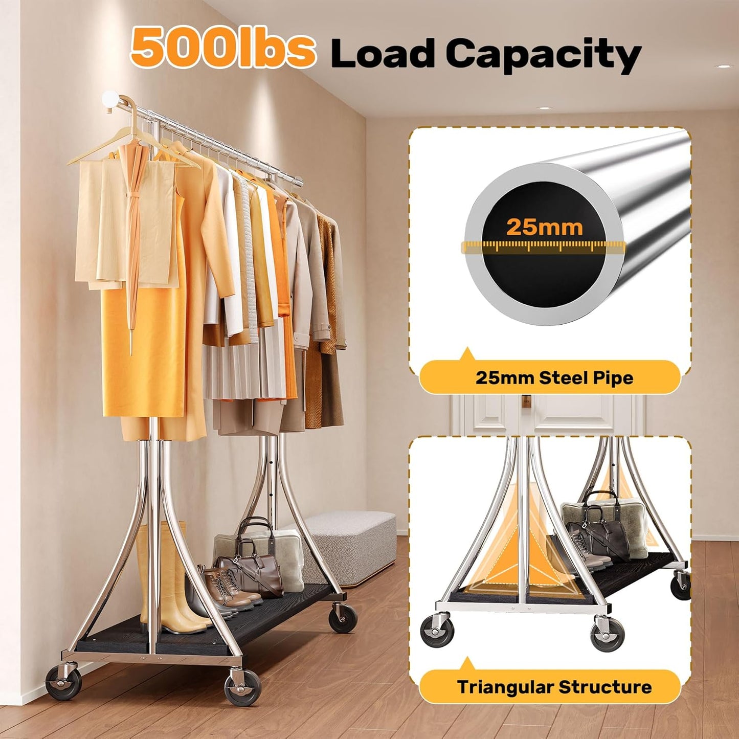 HOKEEPER Clothes Rack with Wood Shelves Height Adjustable Clothing Rack with Lockable Wheels 500LBS Portable Wooden Garment Closet for Bedroom, Living Room, Laundry, Balcony, Silver