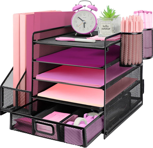 Desk Organizers and Accessories with File Holder, 5-Tier Paper Letter Tray Organiser with Drawer and 2 Pen Holder, Mesh Desktop Document Organizer for Office Supplies, Workspace - Black
